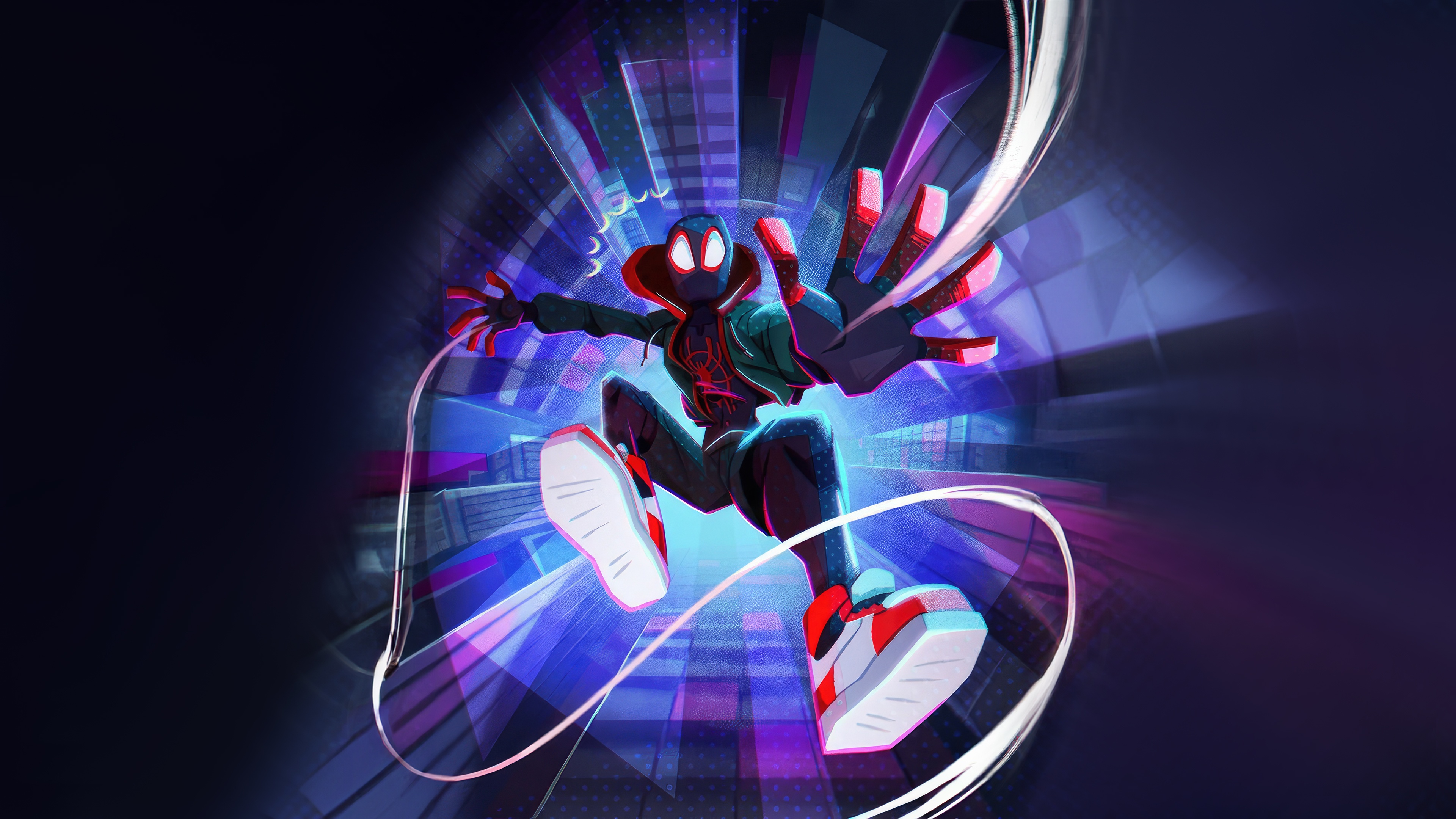 Miles Morales Swings Through a City HD Wallpaper