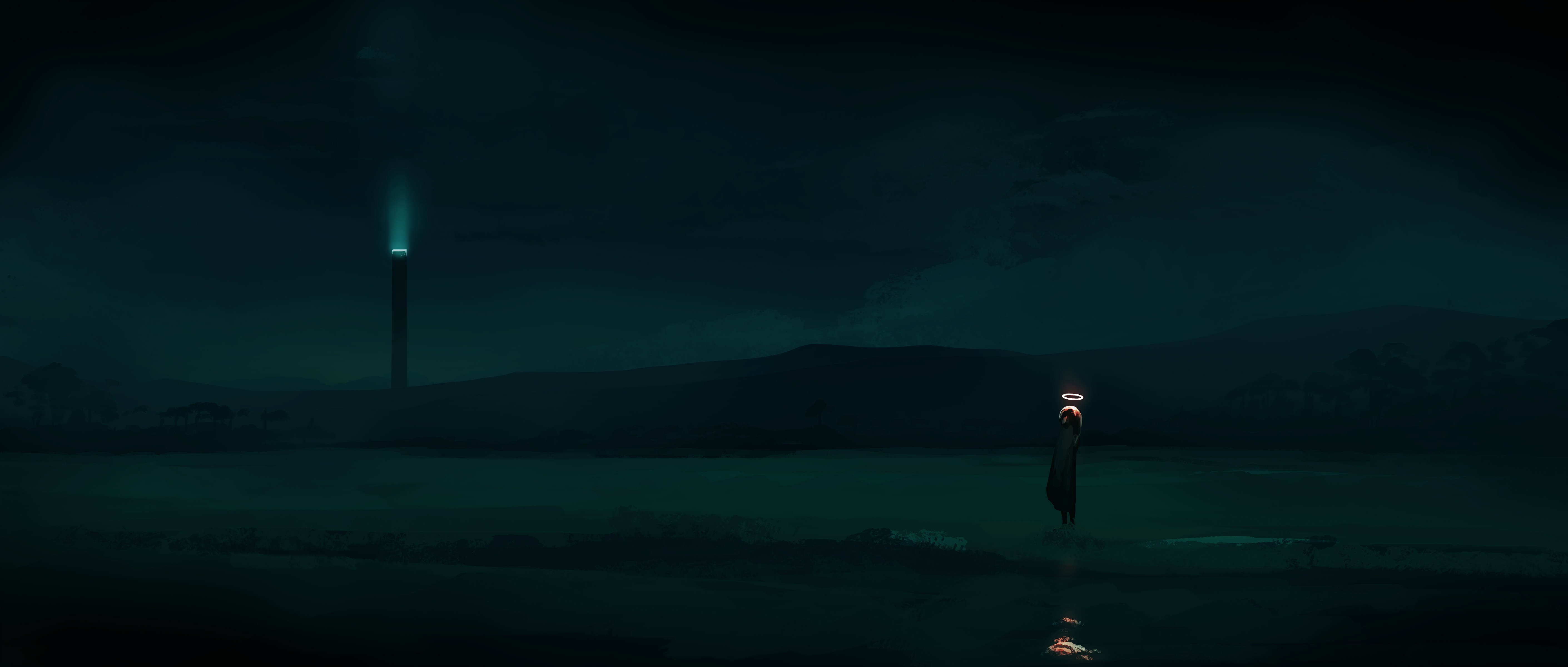 Anime Angel in a Dark, Ethereal Landscape HD Wallpaper