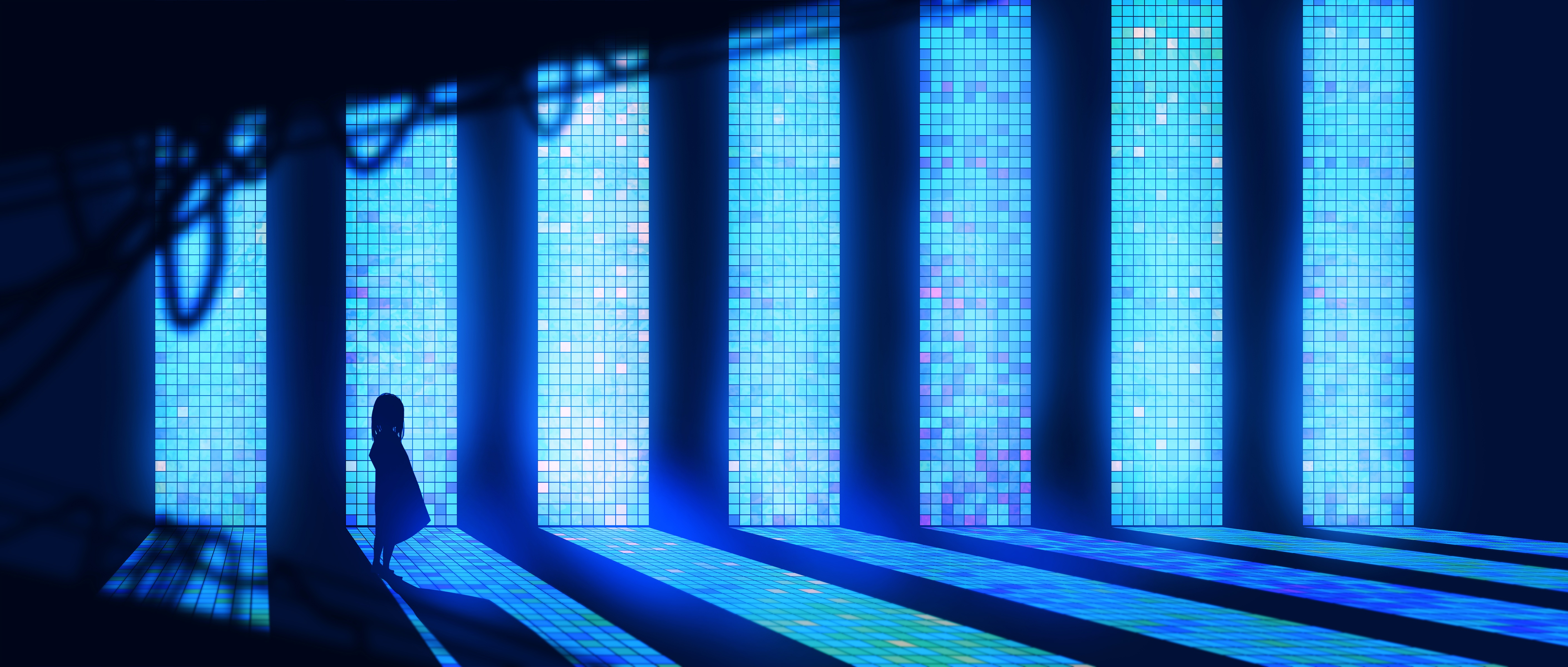 Girl standing in a room with glowing blue screens HD Wallpaper