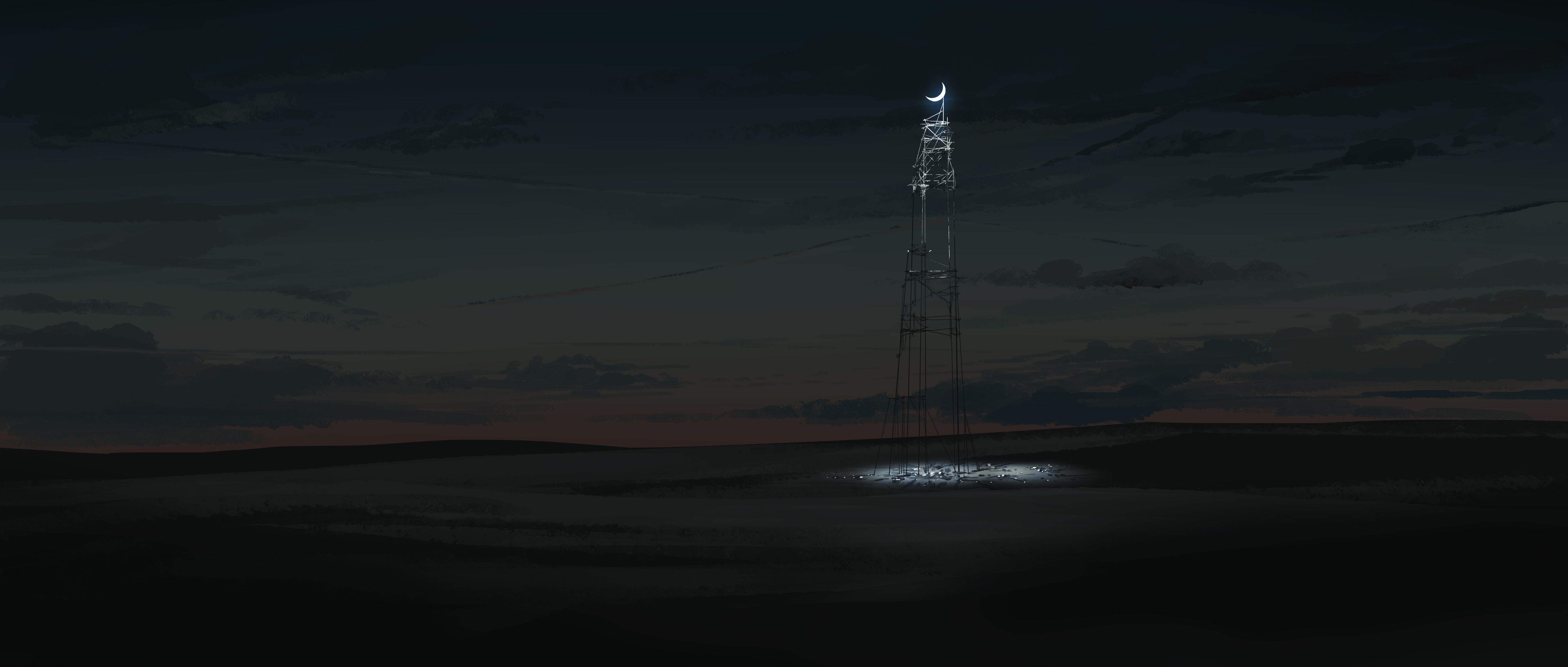 Glowing Moon on a Tower in a Desert at Night HD Wallpaper