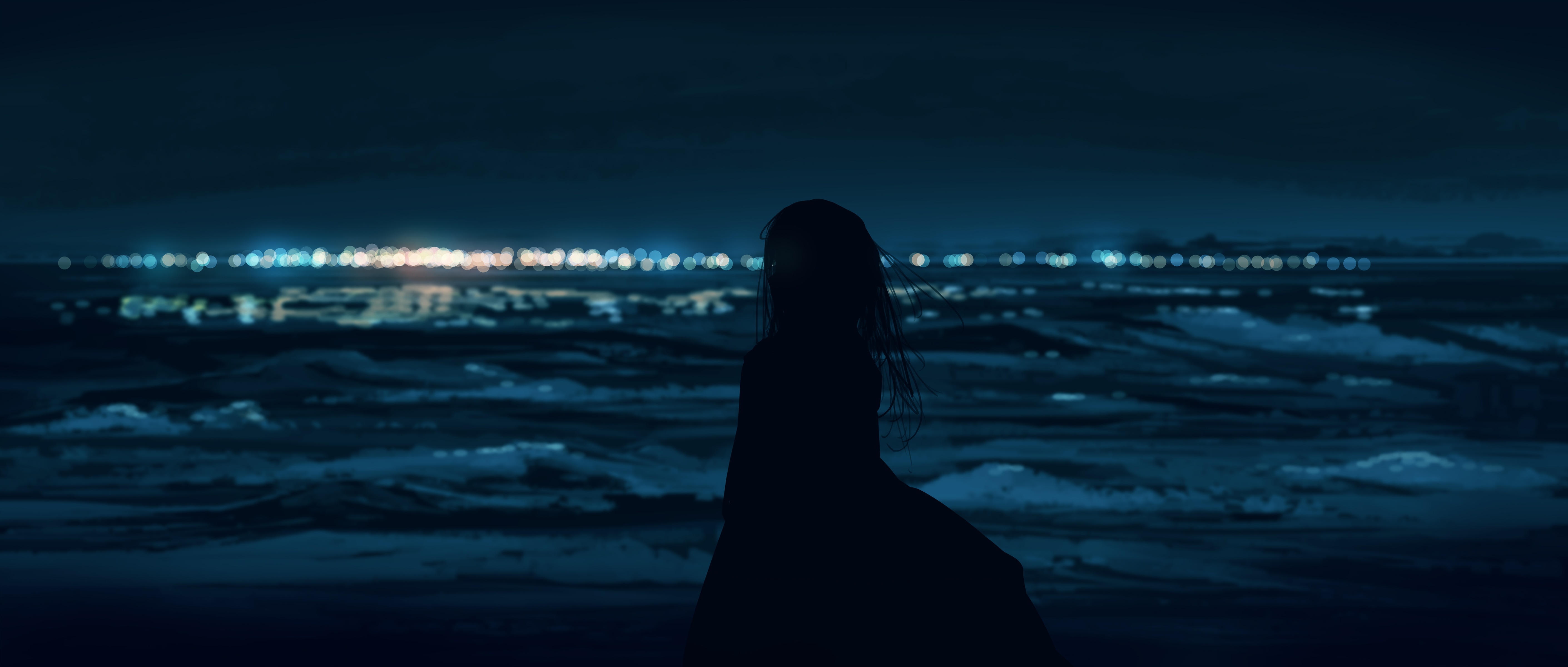 Silhouette of a woman gazing at the sea at night HD Wallpaper