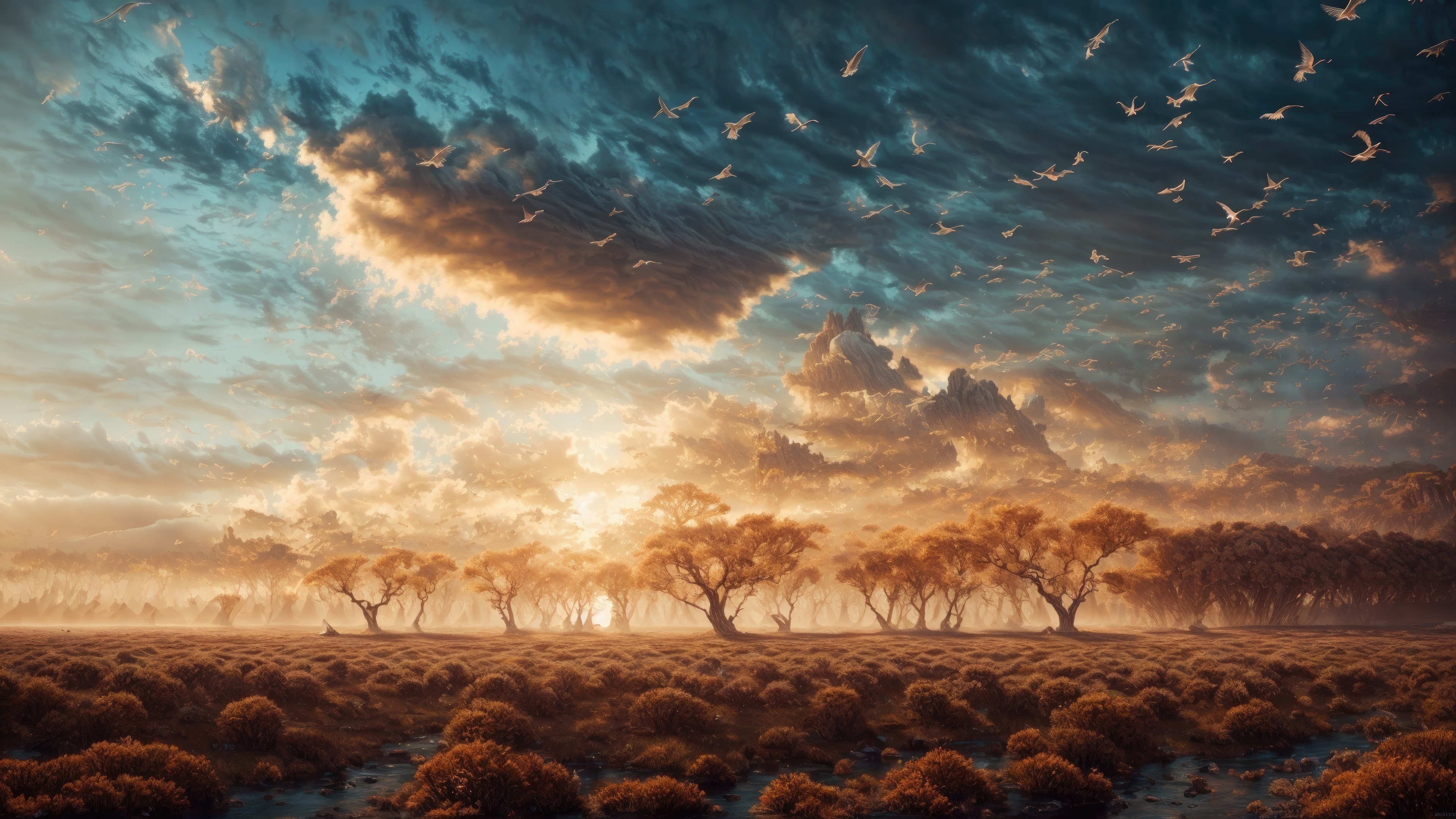 Birds flying in a dramatic sky over a savanna HD Wallpaper