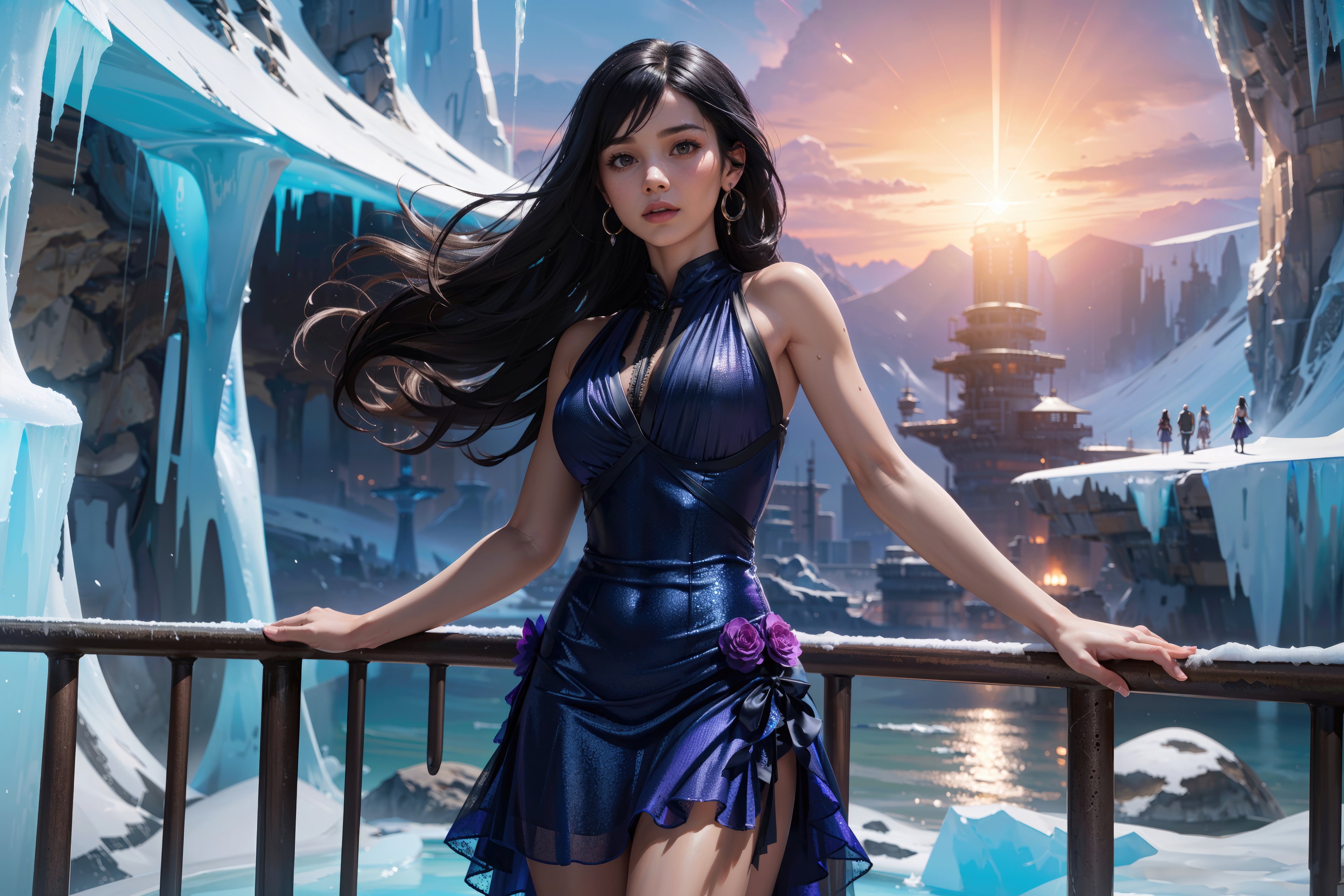 Anime girl in a blue dress in a snowy landscape HD Wallpaper