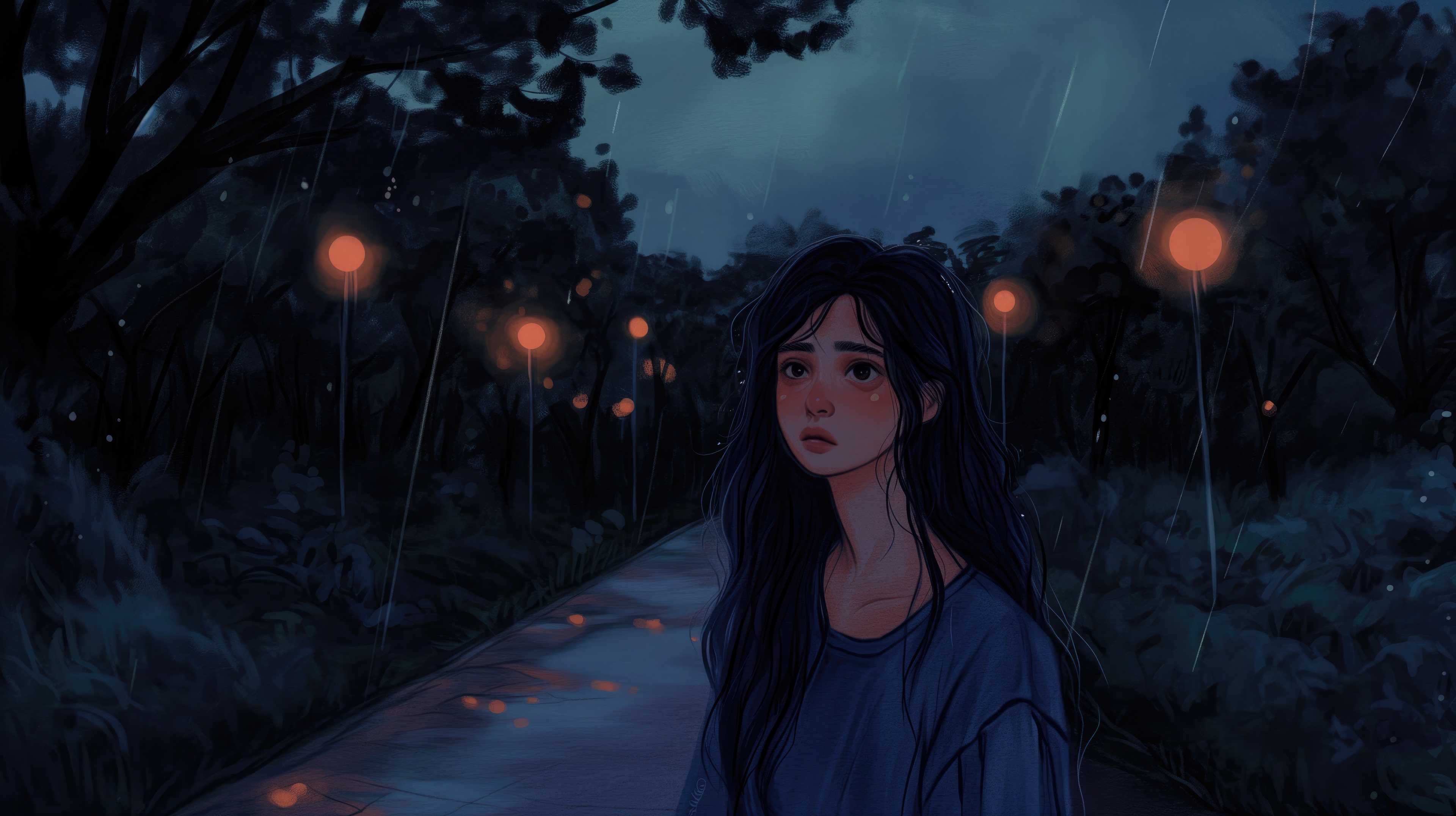 Sad Lofi Girl in a Park at Night HD Wallpaper