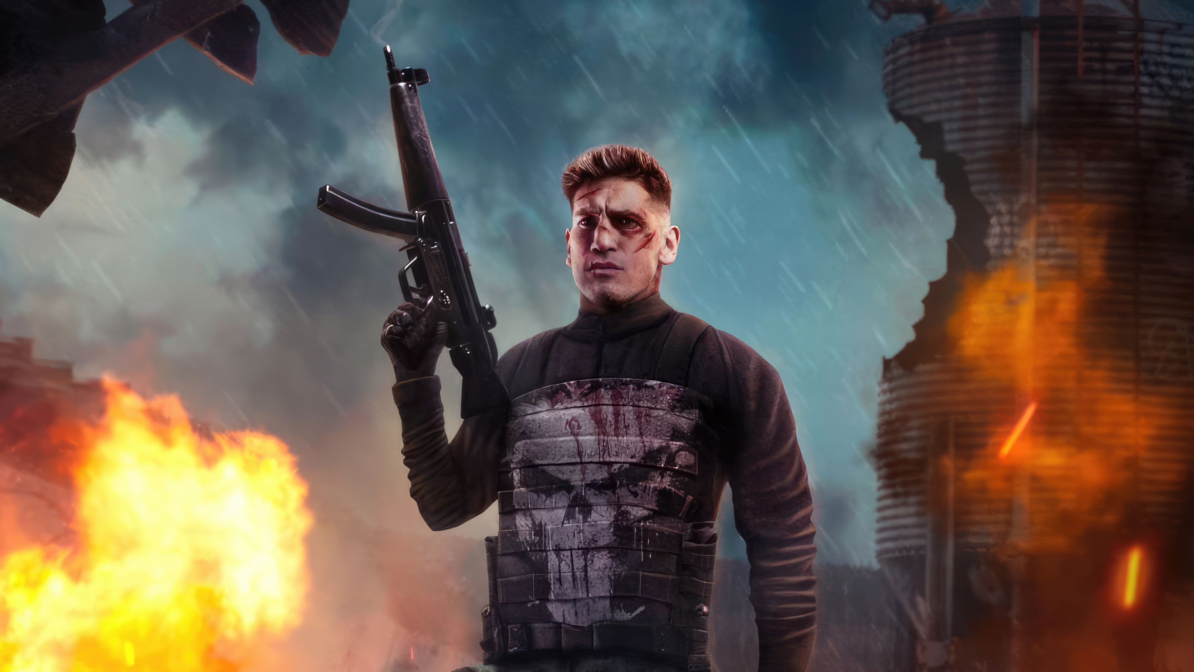 The Punisher holding a rifle in a war-torn city HD Wallpaper