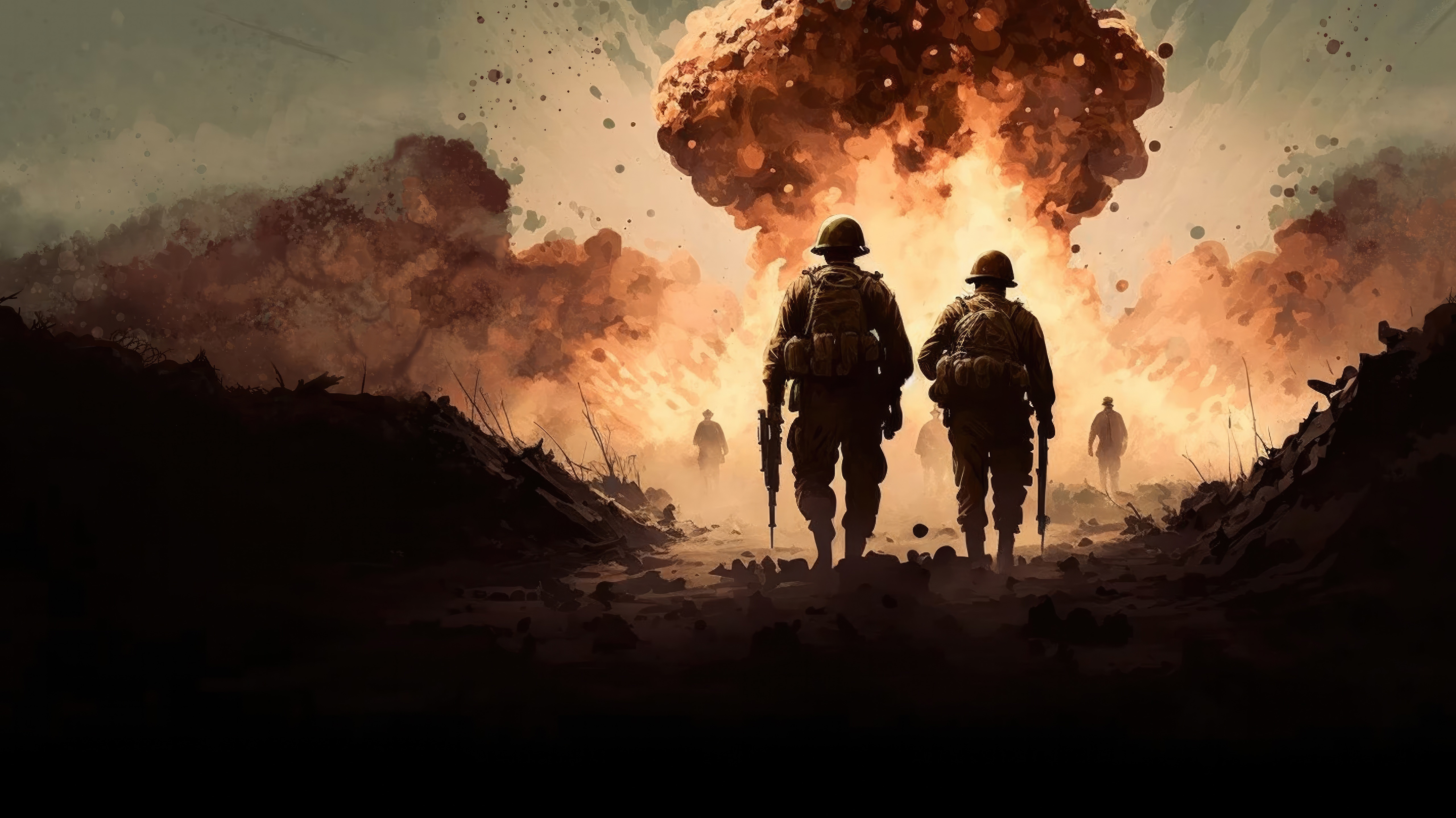 Soldiers walking through an explosion during D Day HD Wallpaper