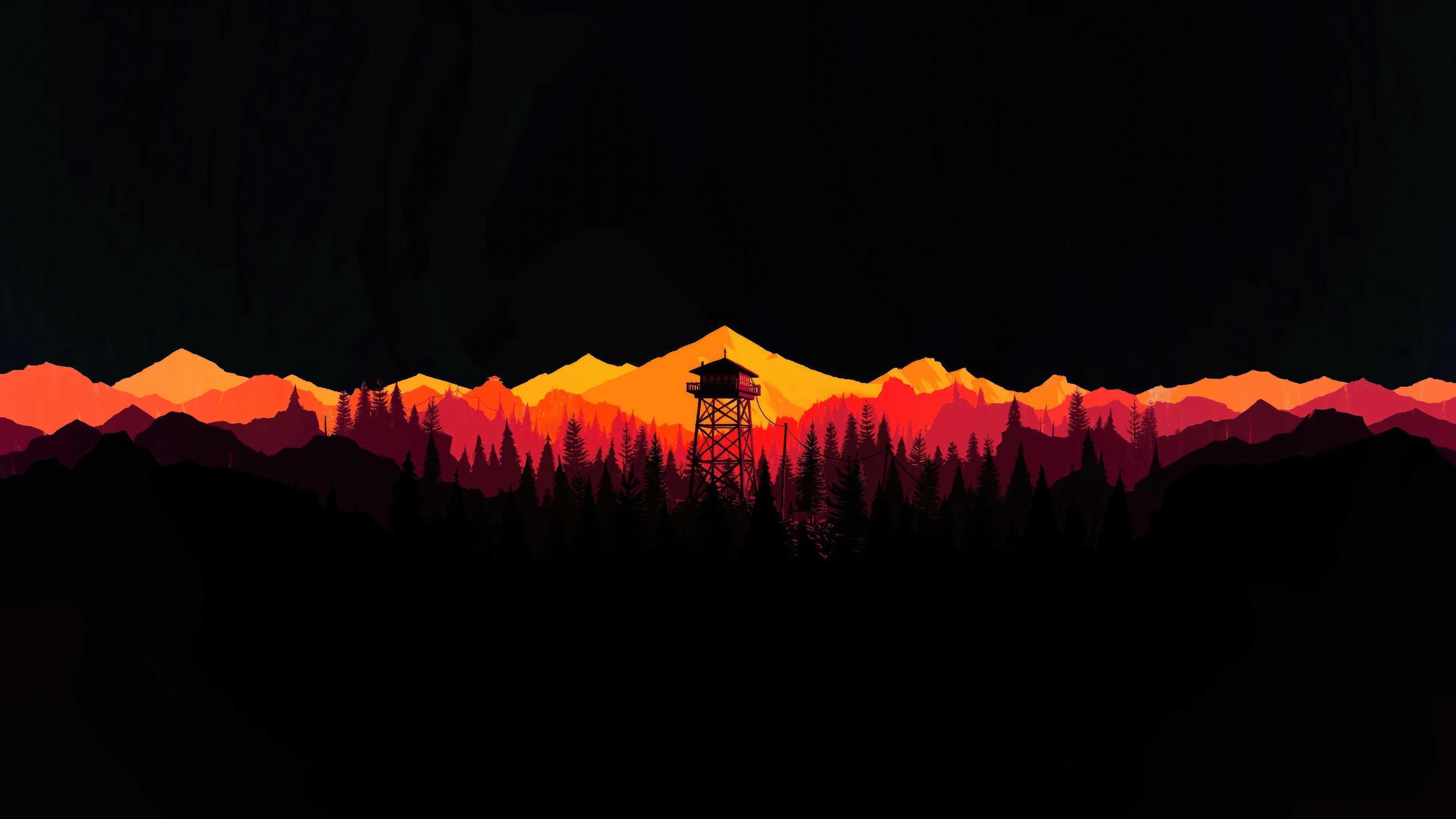 Firewatch tower silhouette against fiery mountain sunset HD Wallpaper