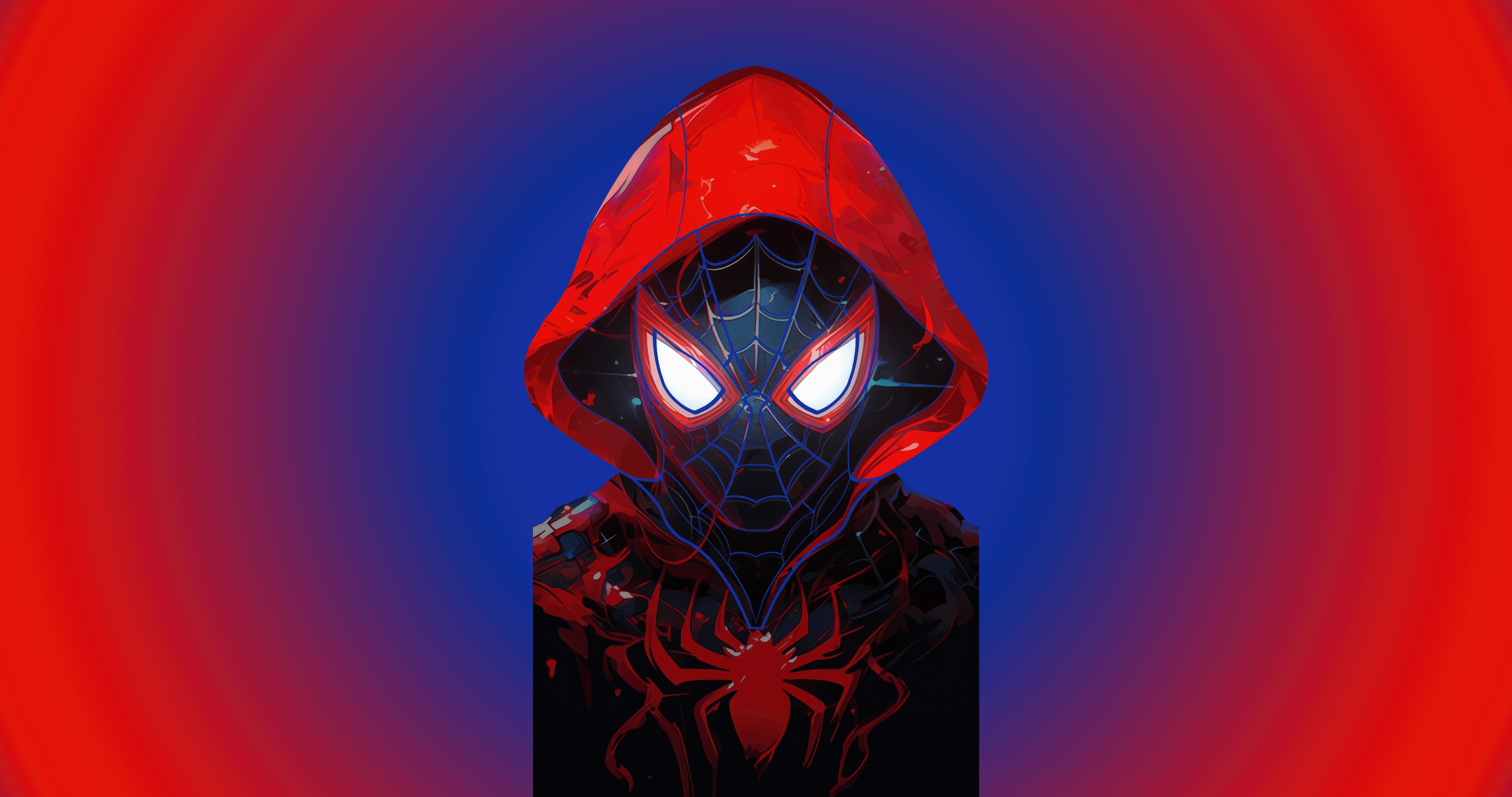 Spider-Man in a red hoodie against a blue and red gradient HD Wallpaper