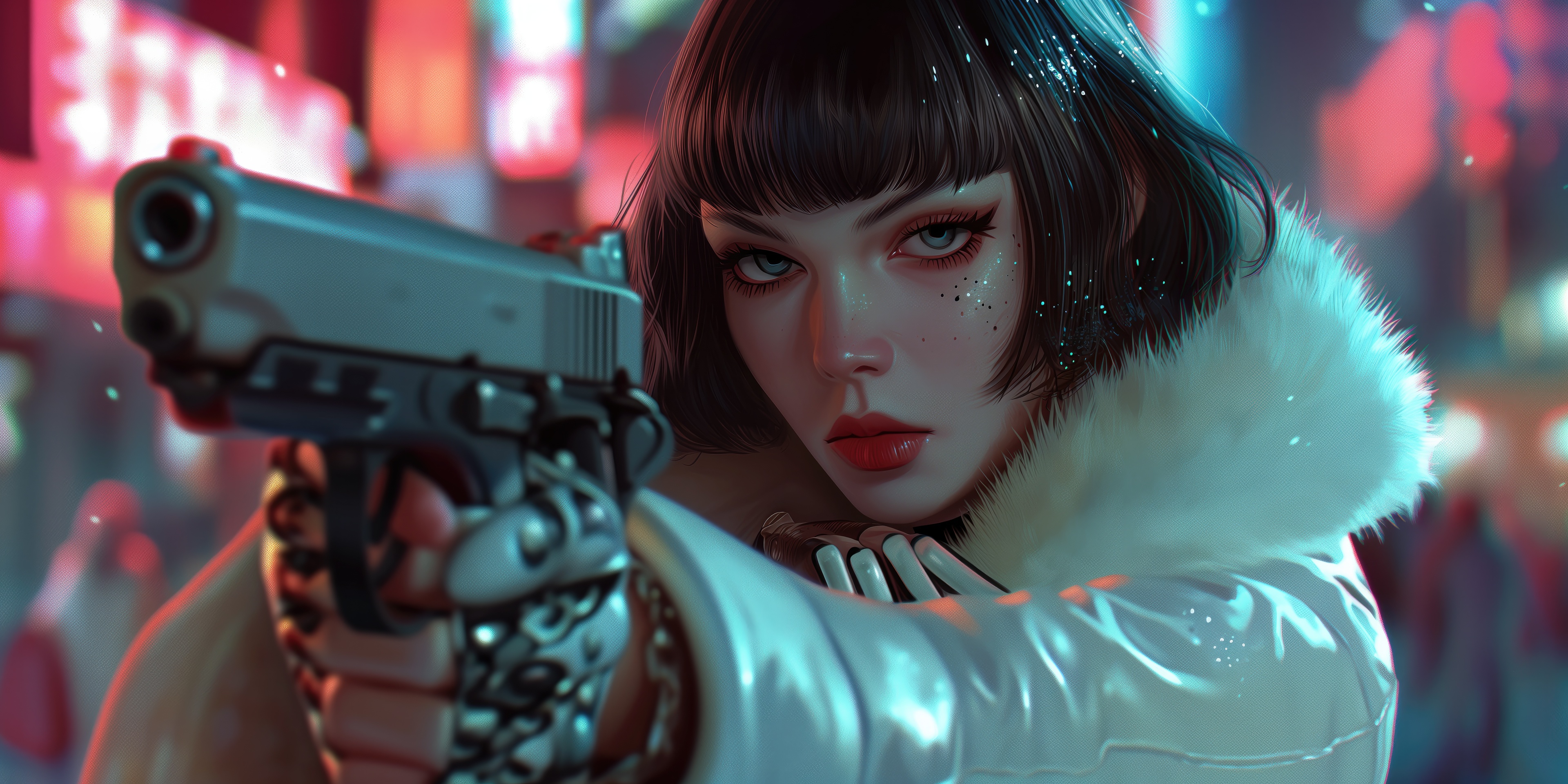Spygirl with Gun in Neon City HD Wallpaper