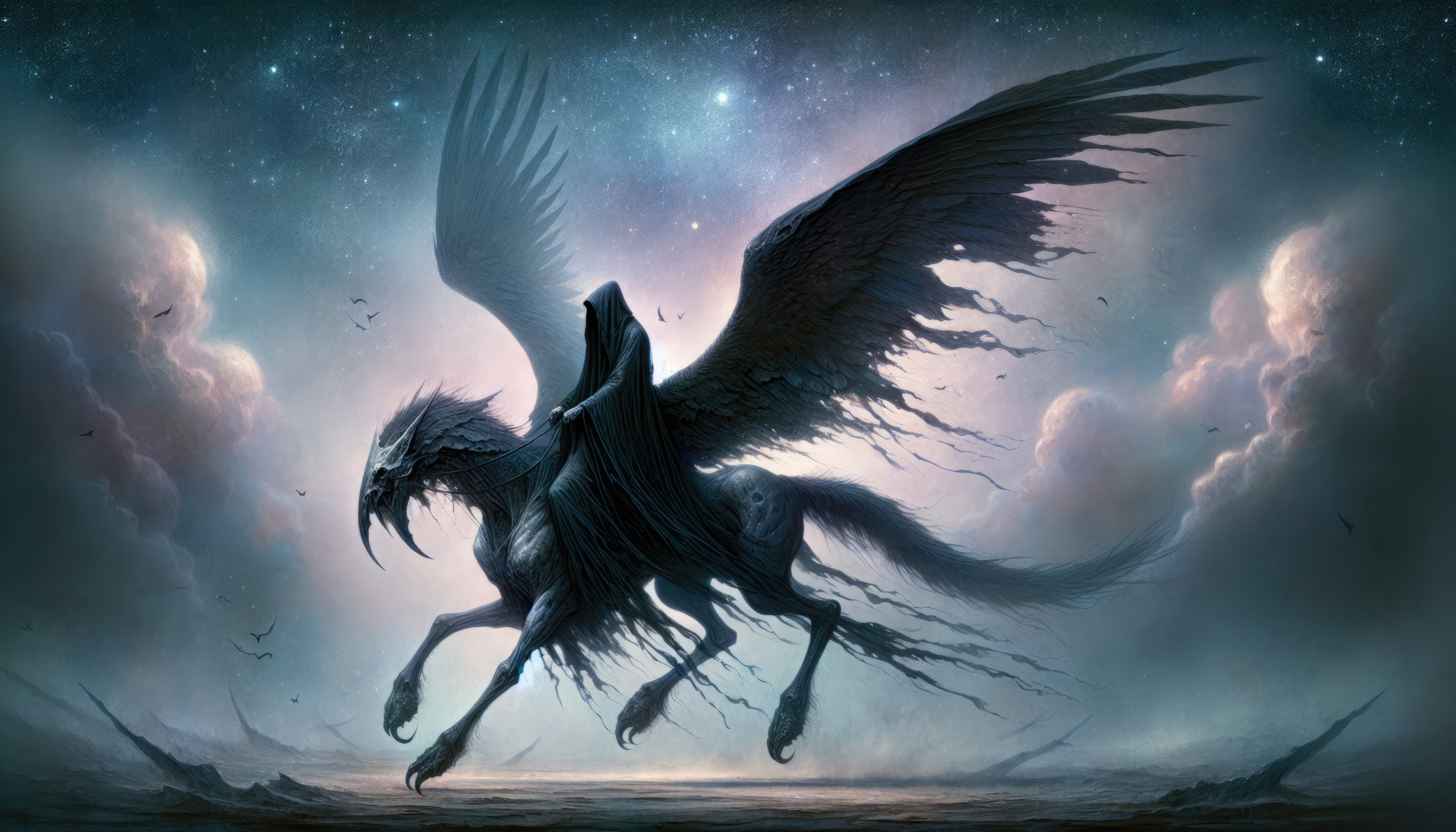 Grim Reaper on a winged horse in the night sky HD Wallpaper