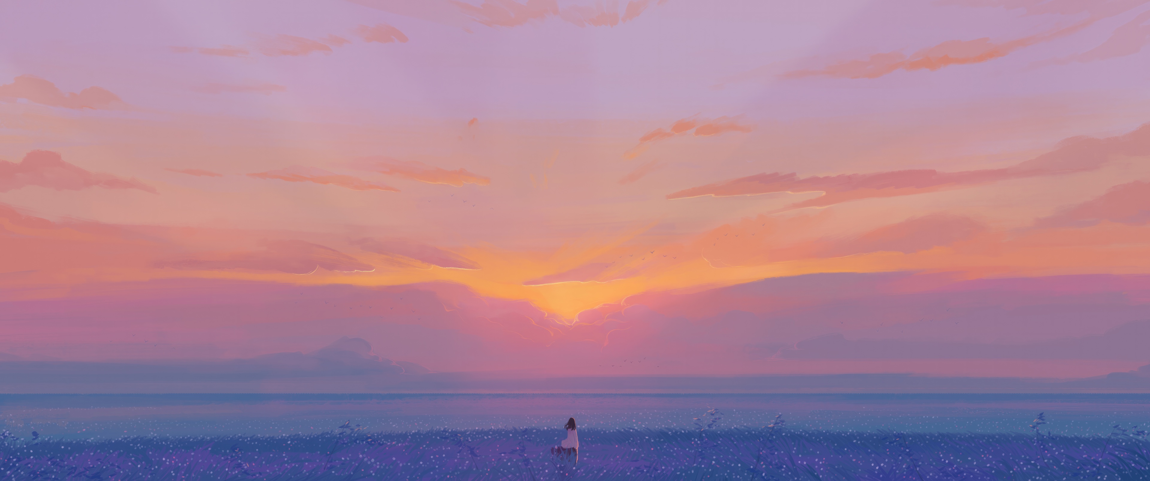 A lone girl in a field of purple flowers at sunset HD Wallpaper