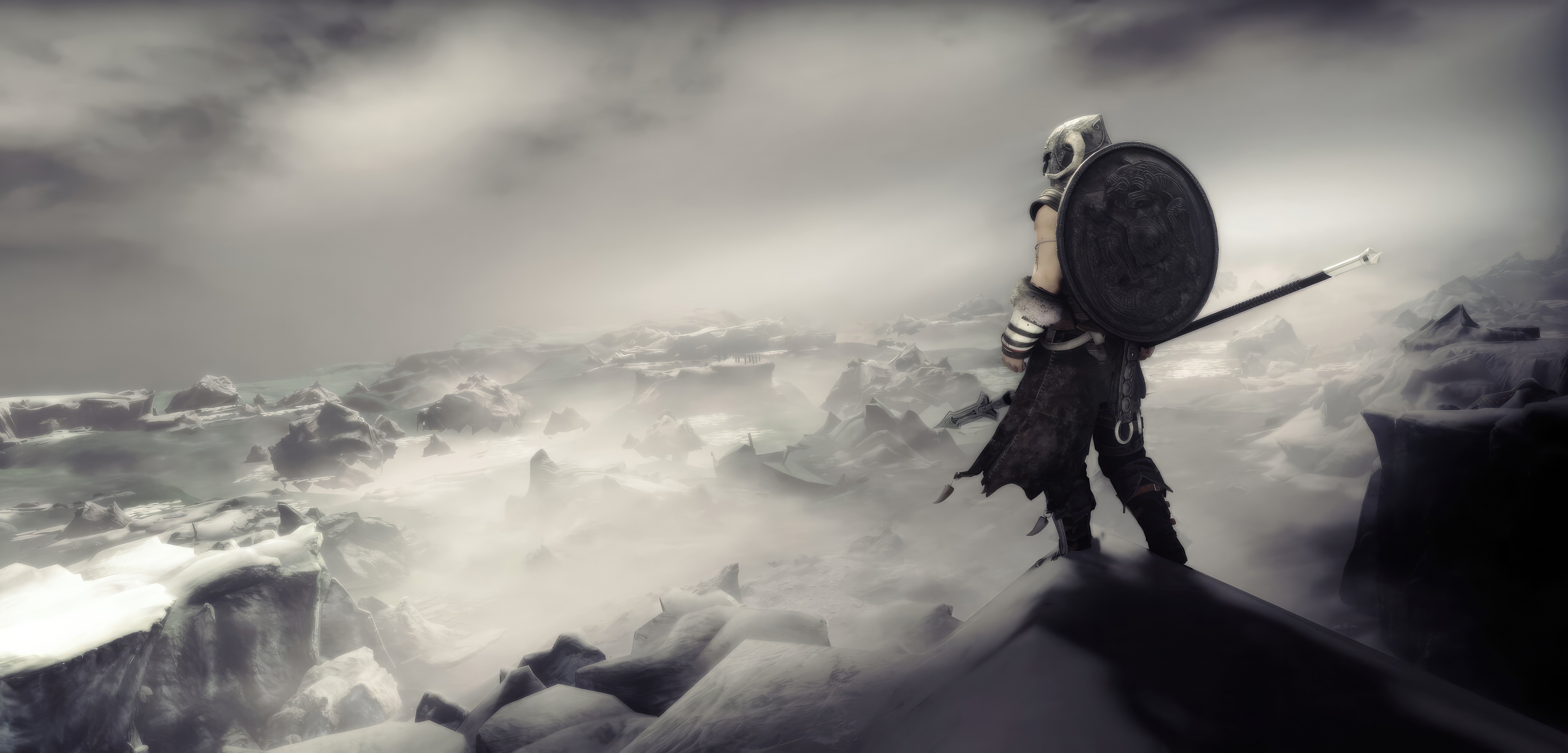 Skyrim Warrior Standing on Snowy Mountain HD Wallpaper