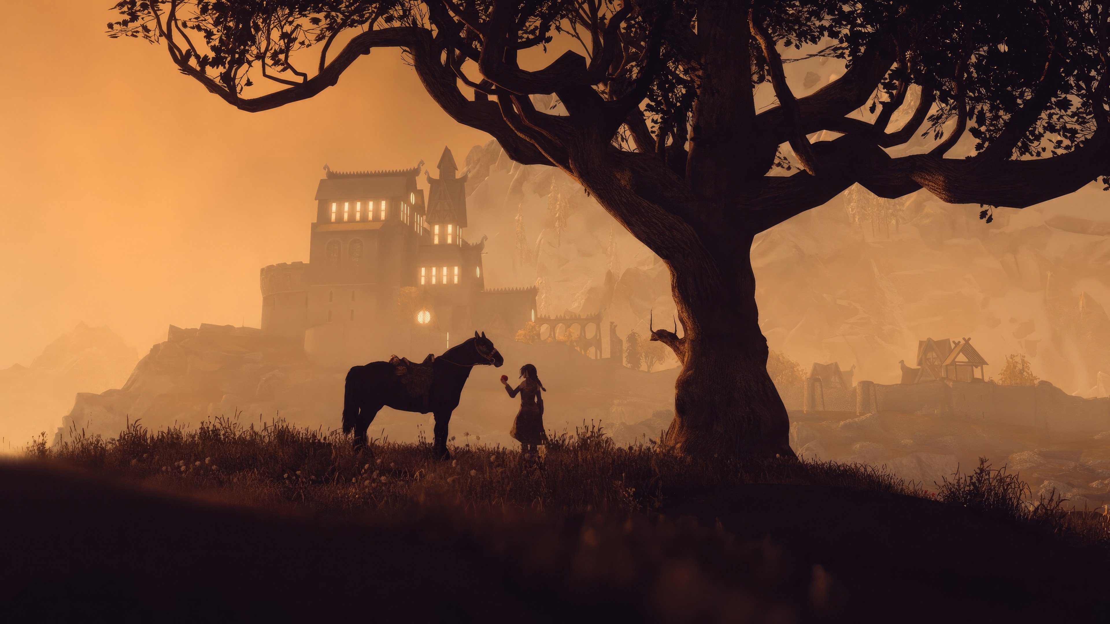 Skyrim: A girl and her horse near a castle HD Wallpaper