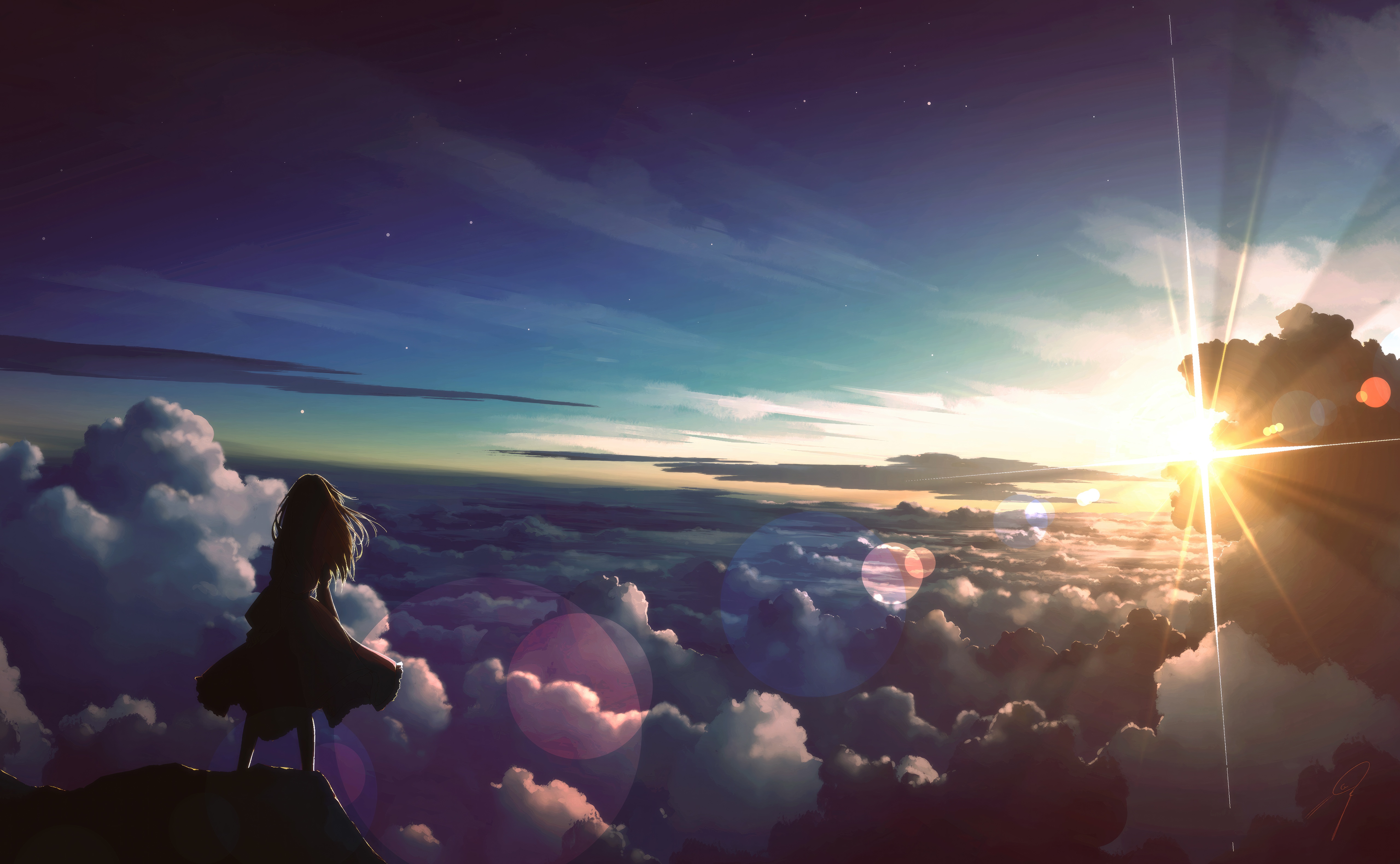 Anime girl silhouetted above clouds at sunrise HD Wallpaper