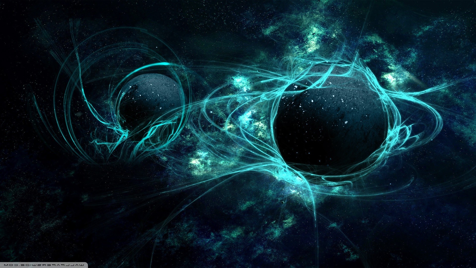 Abstract blue and green space with planets HD Wallpaper