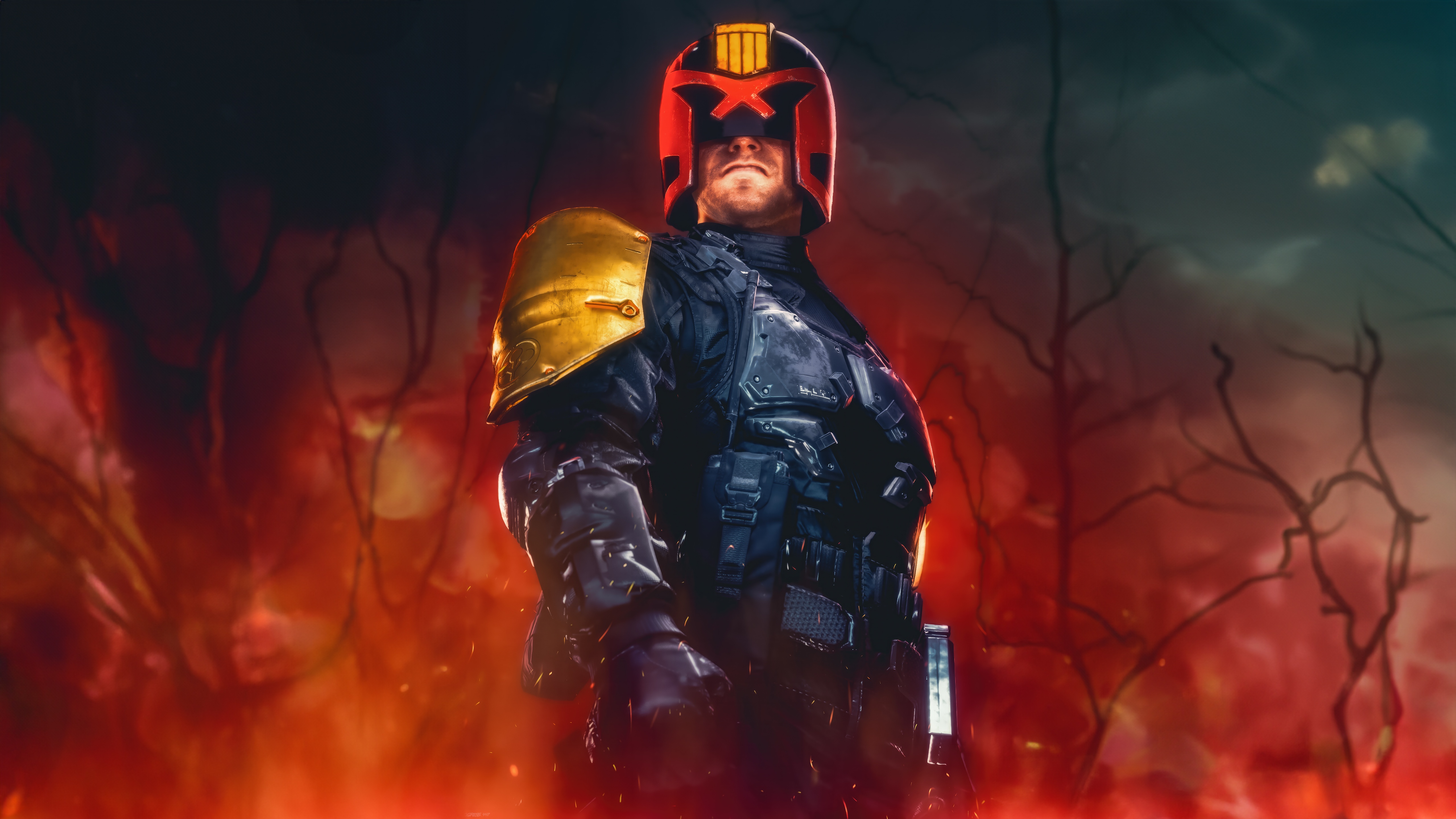 Judge Dredd in a fiery, post-apocalyptic setting HD Wallpaper