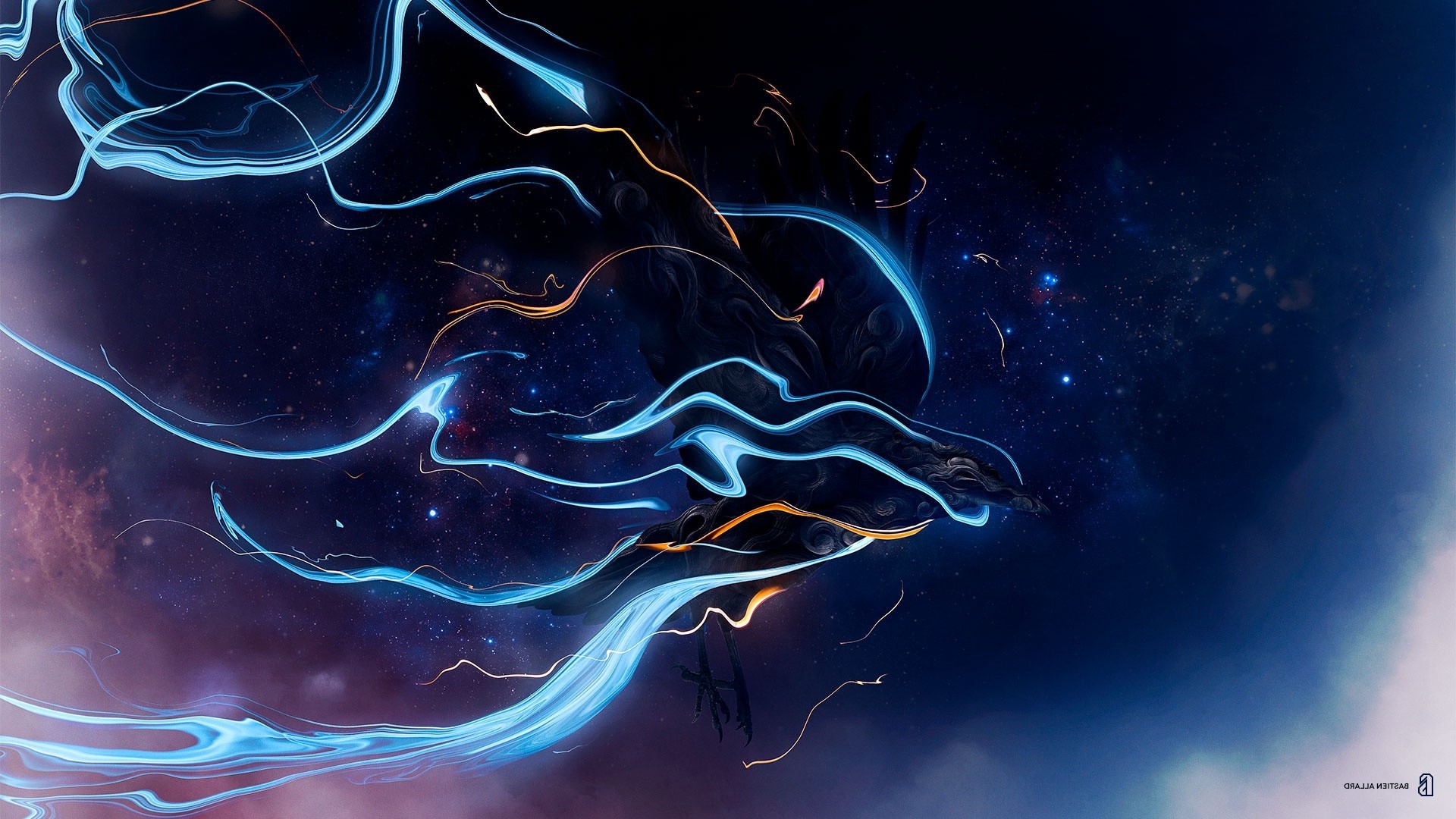 Abstract fantasy art with blue and orange light trails in space HD Wallpaper
