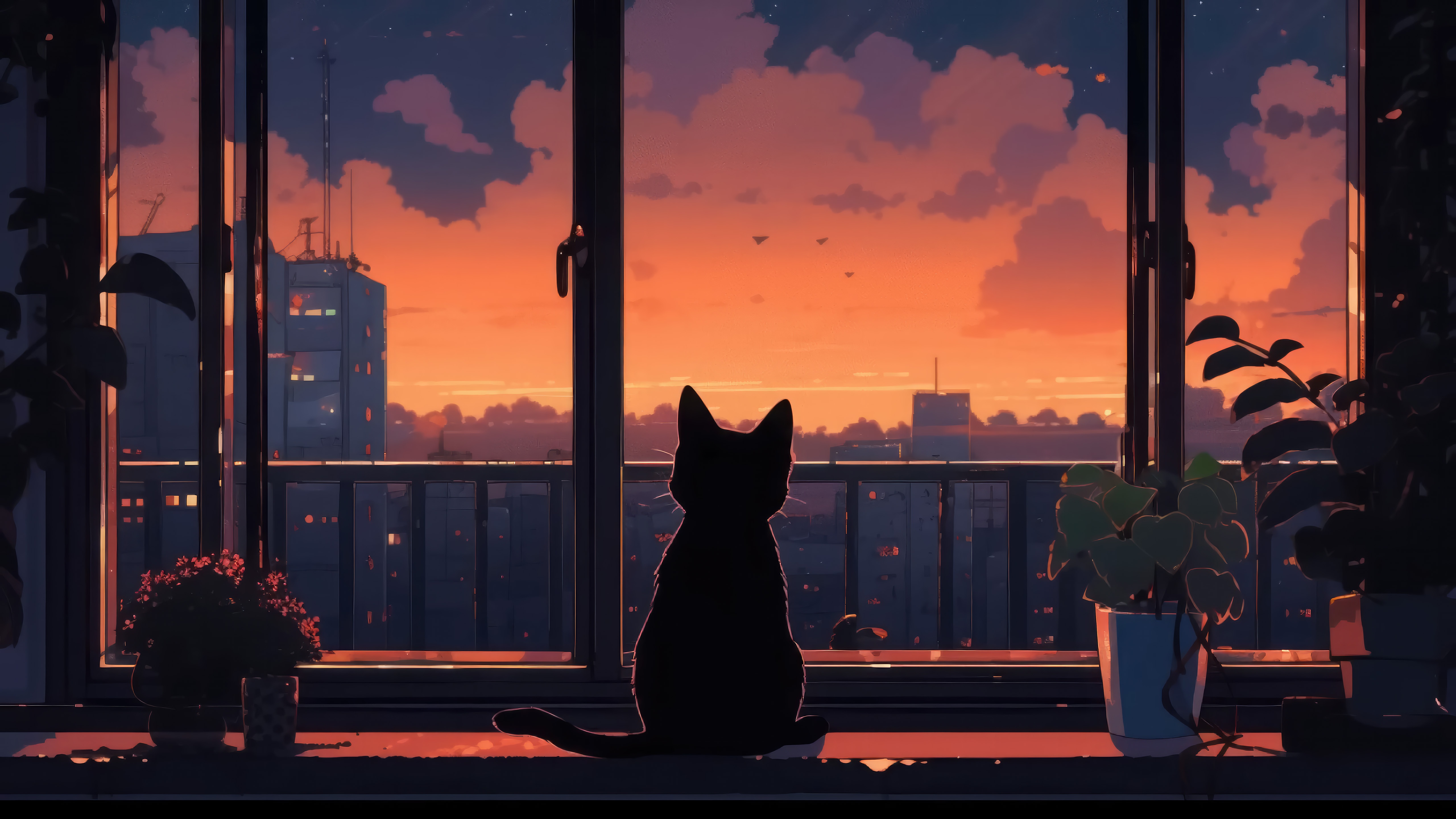 Black cat looking out window at sunset city HD Wallpaper