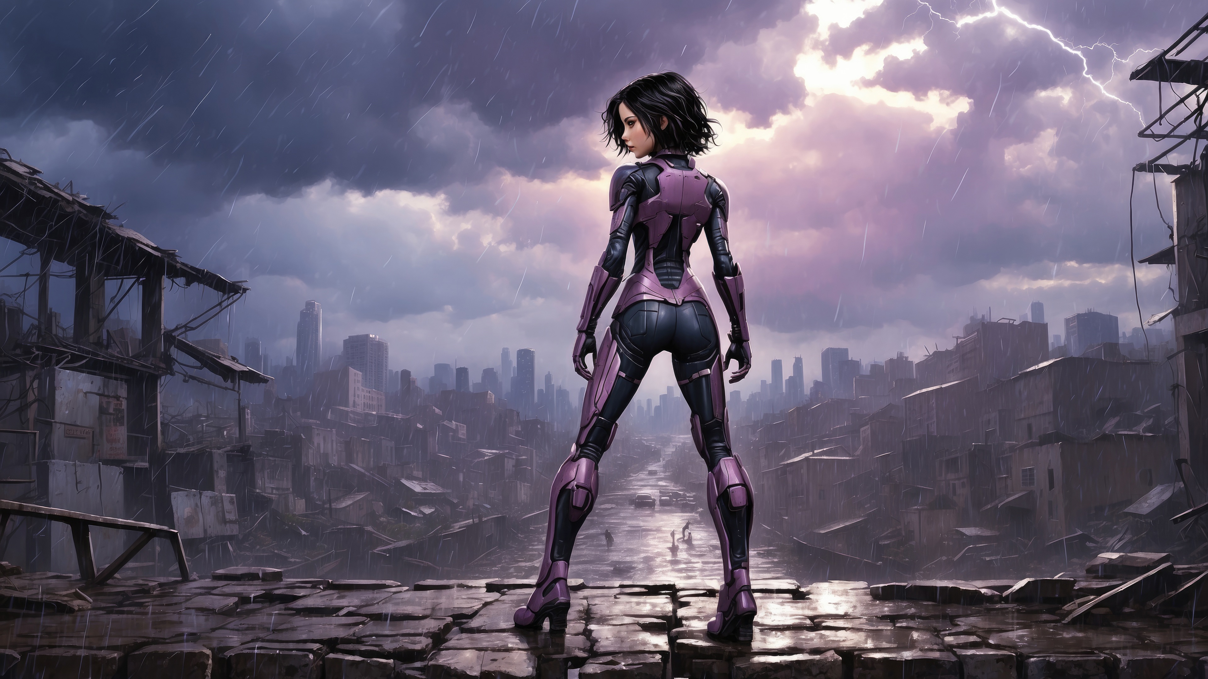 Alita Standing Against a Stormy Cityscape HD Wallpaper