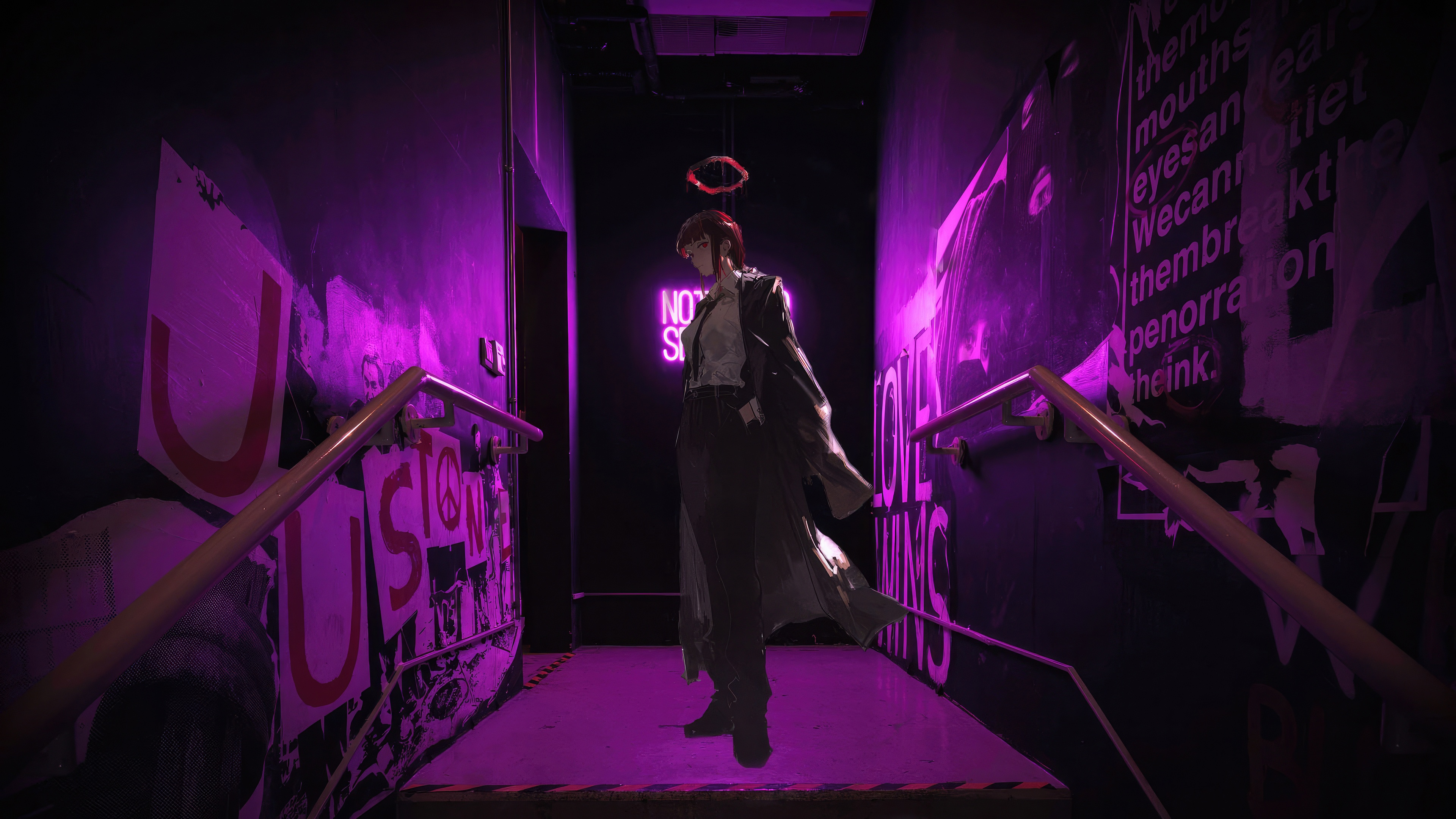 Chainsaw Man Makima in a neon-lit hallway HD Wallpaper