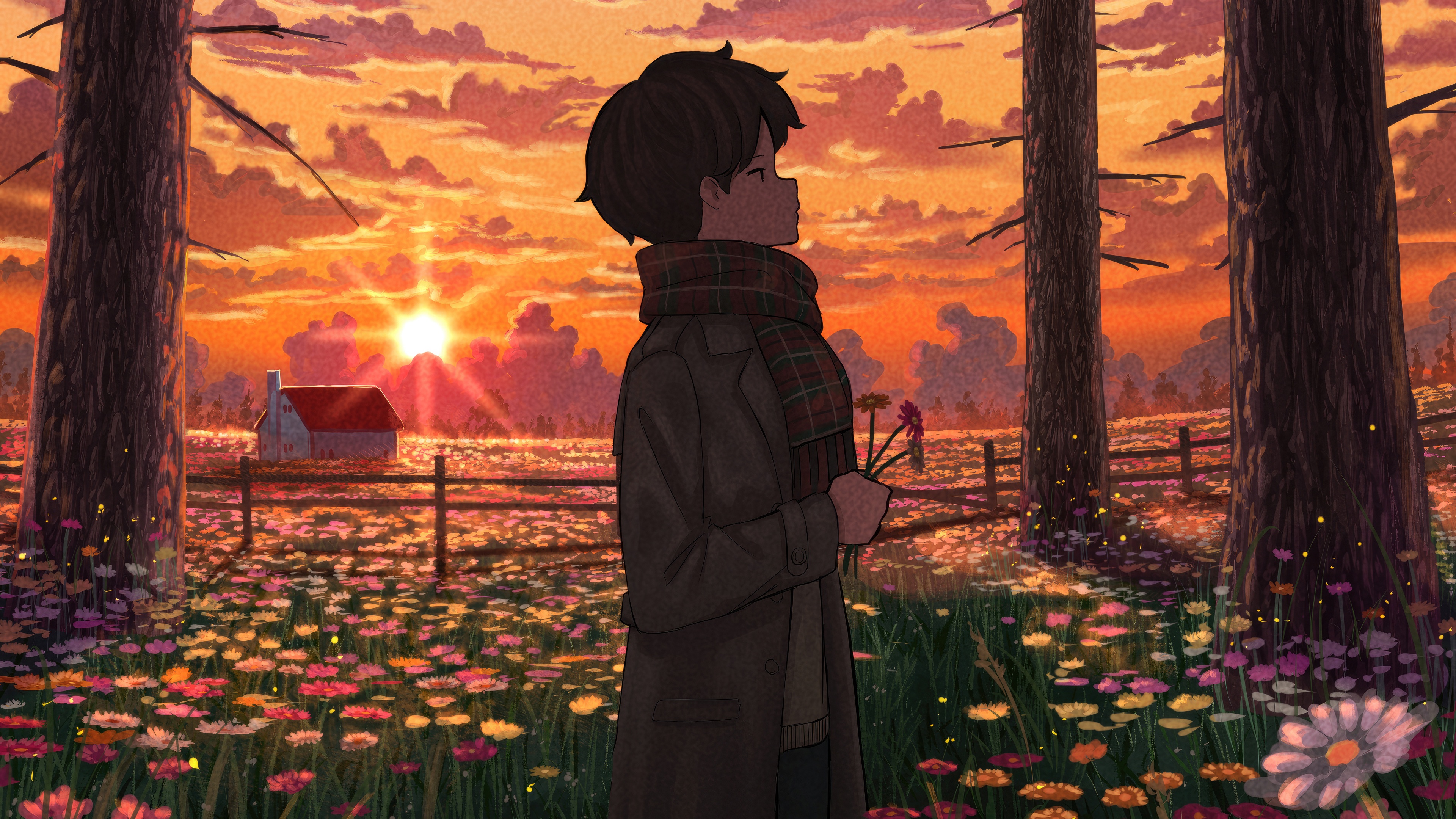 Anime Boy Holding Flowers at Sunset HD Wallpaper