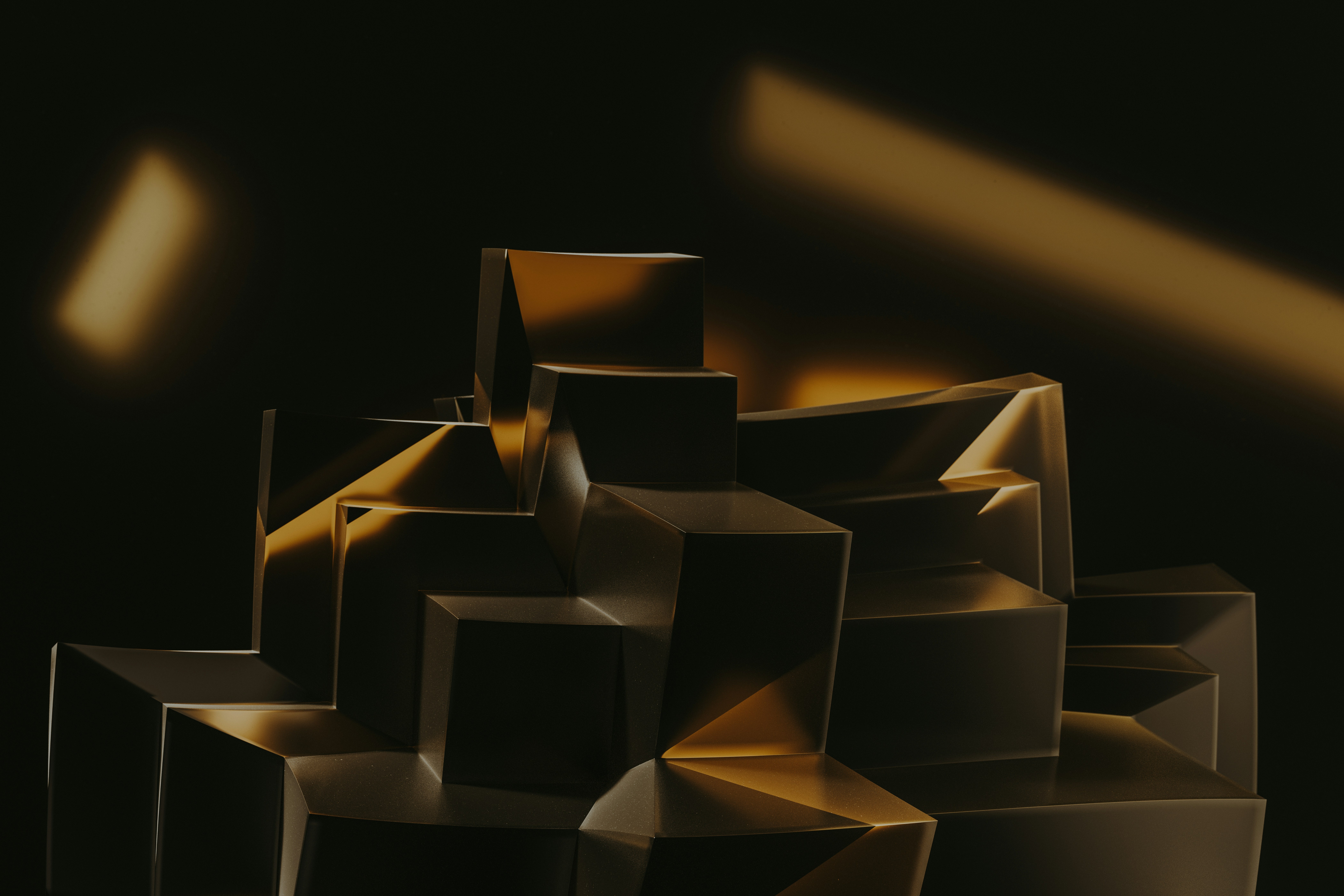 Abstract gold and black geometric shapes with light beams HD Wallpaper