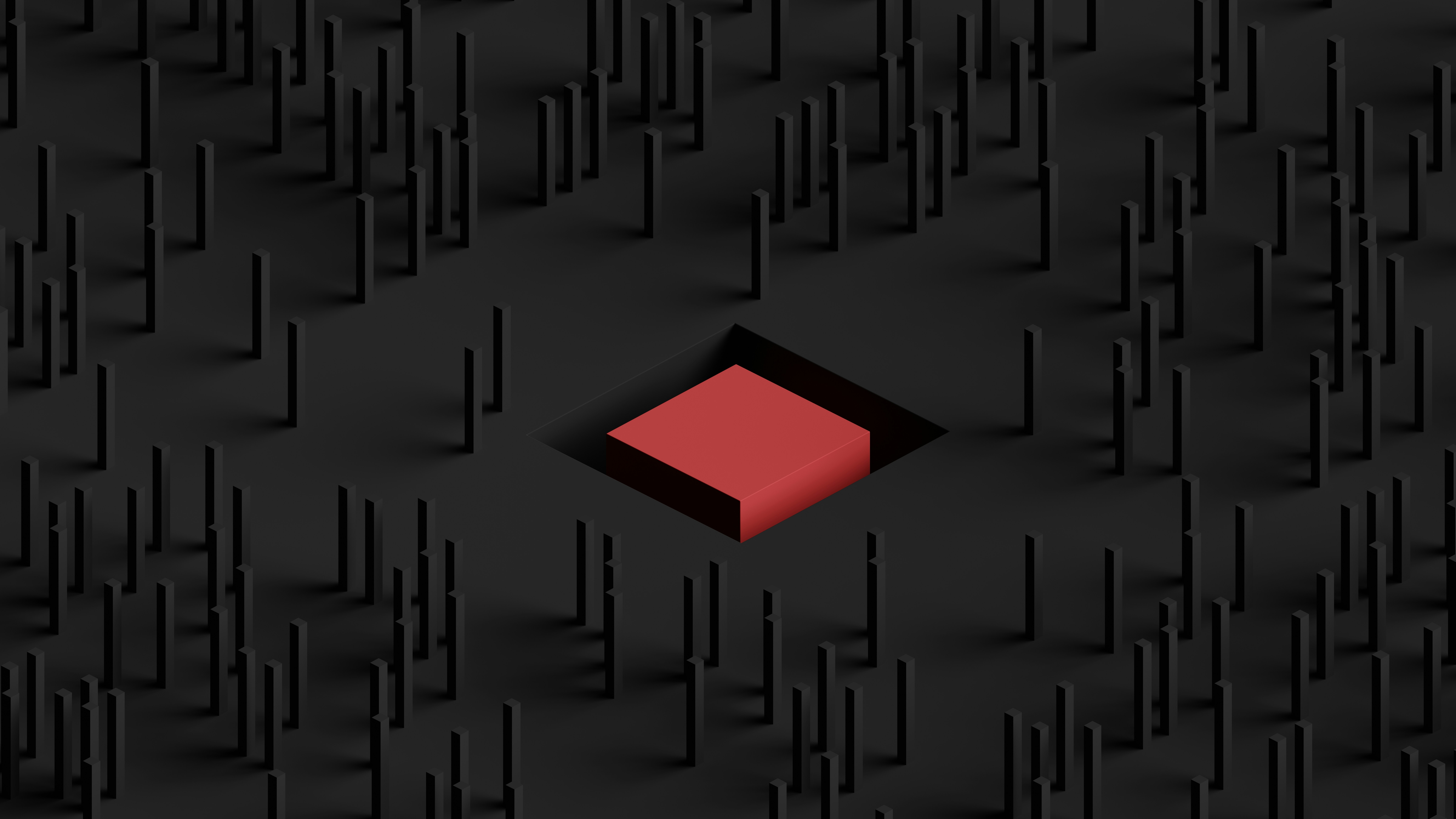 Red Square in a Field of Black Pillars HD Wallpaper