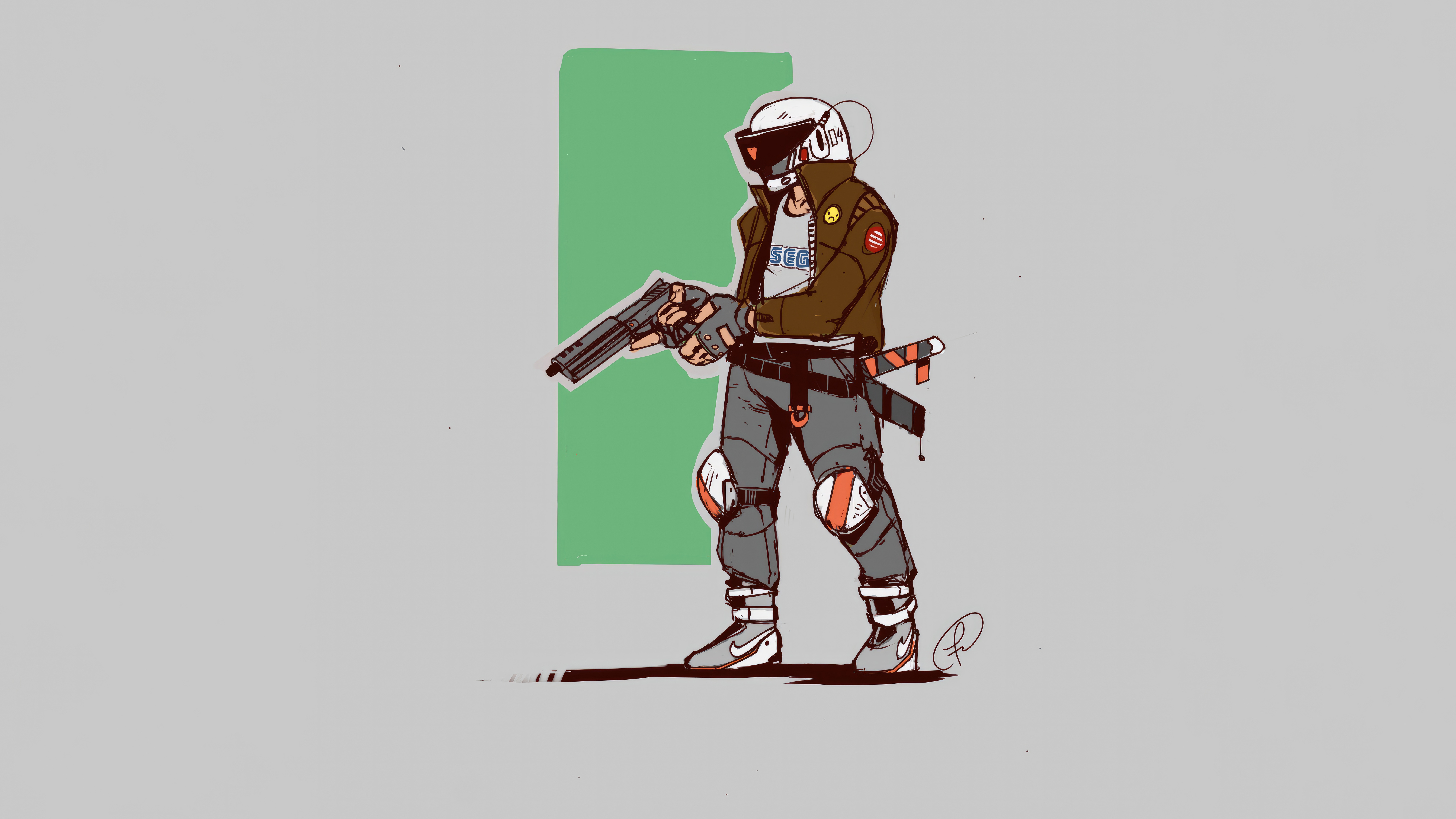 Cyberpunk character with gun and sword HD Wallpaper