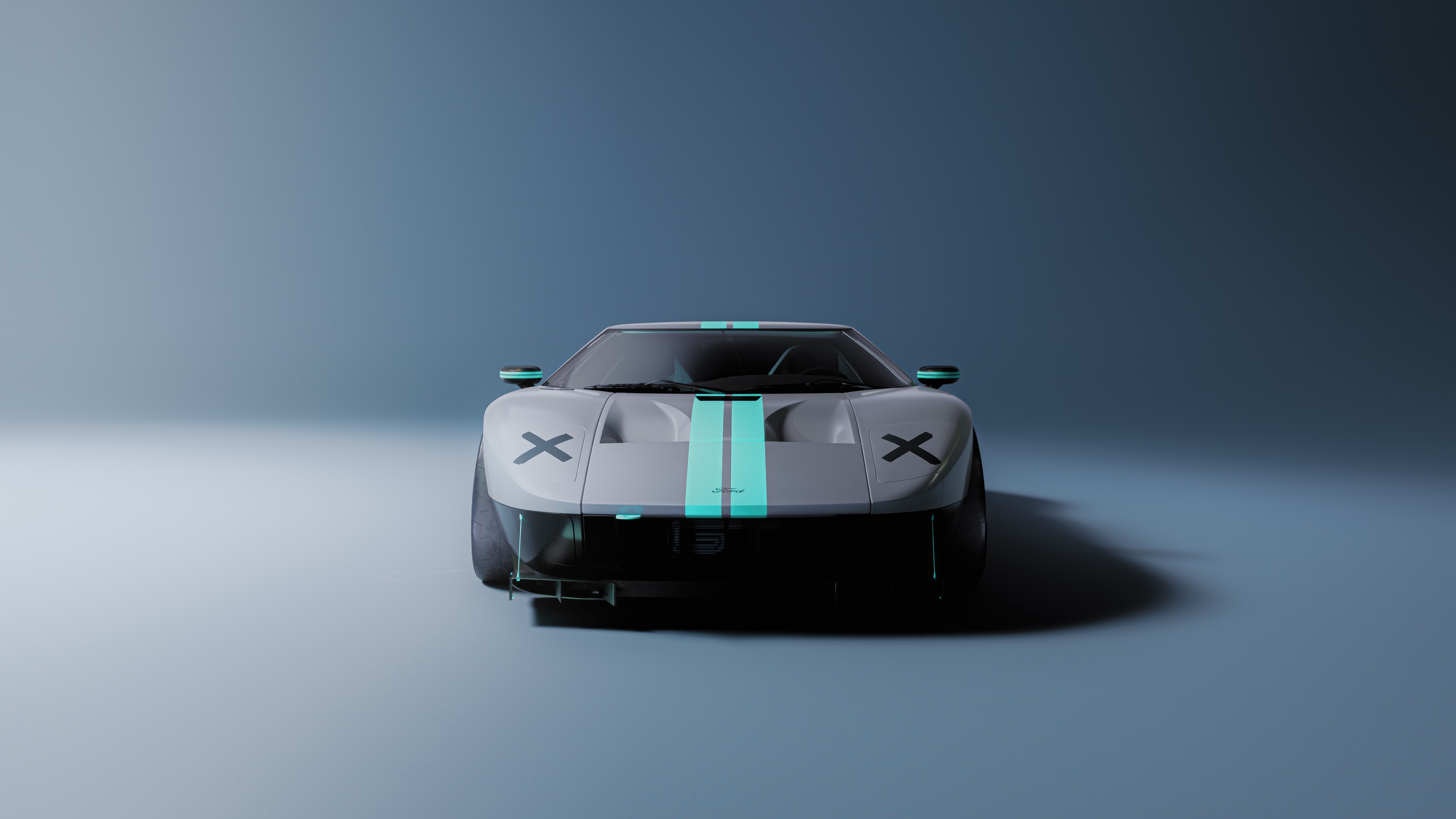 Ford GT 2024 race car with teal stripes HD Wallpaper