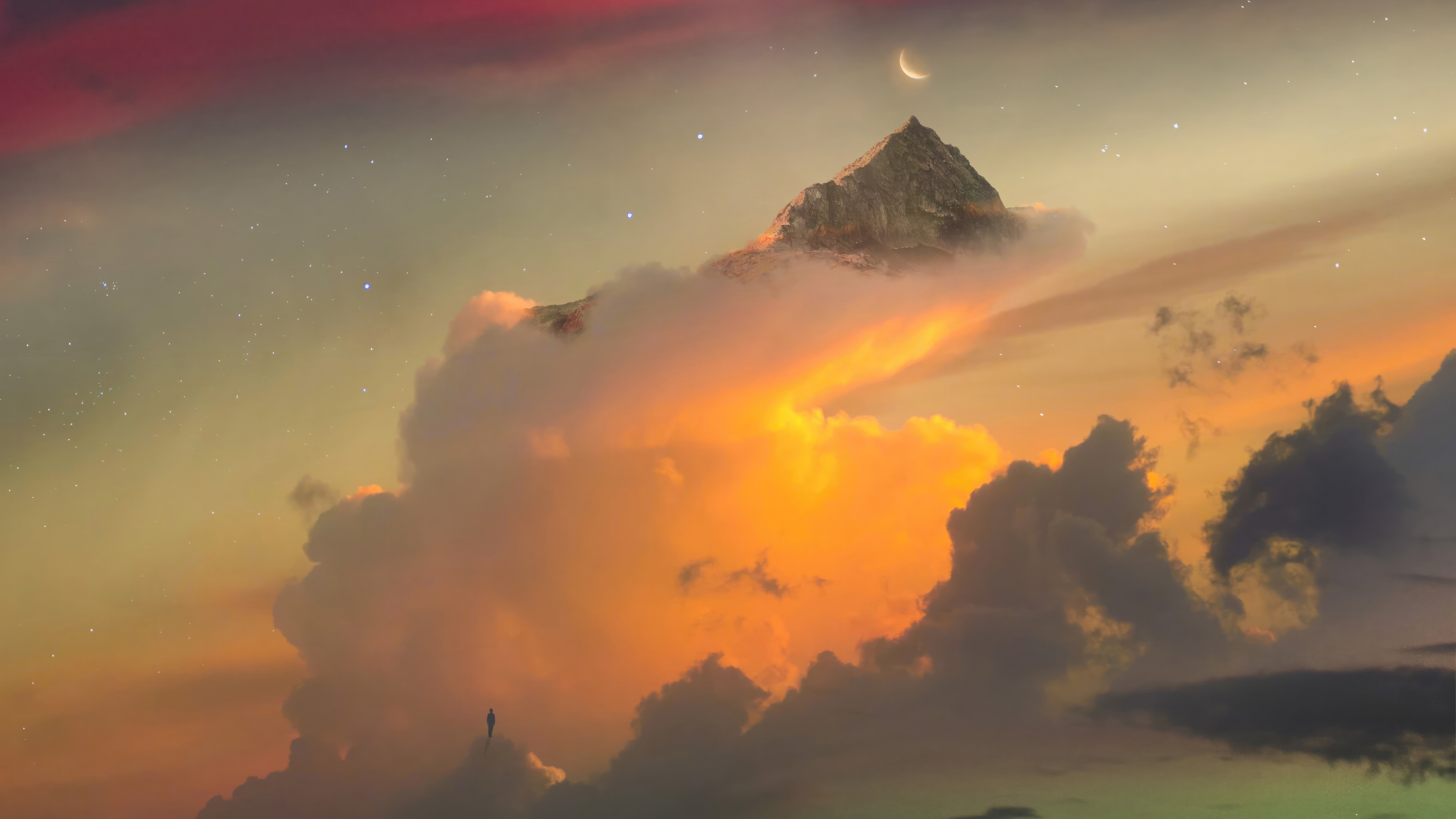 Mountain peak above clouds with crescent moon and stars HD Wallpaper