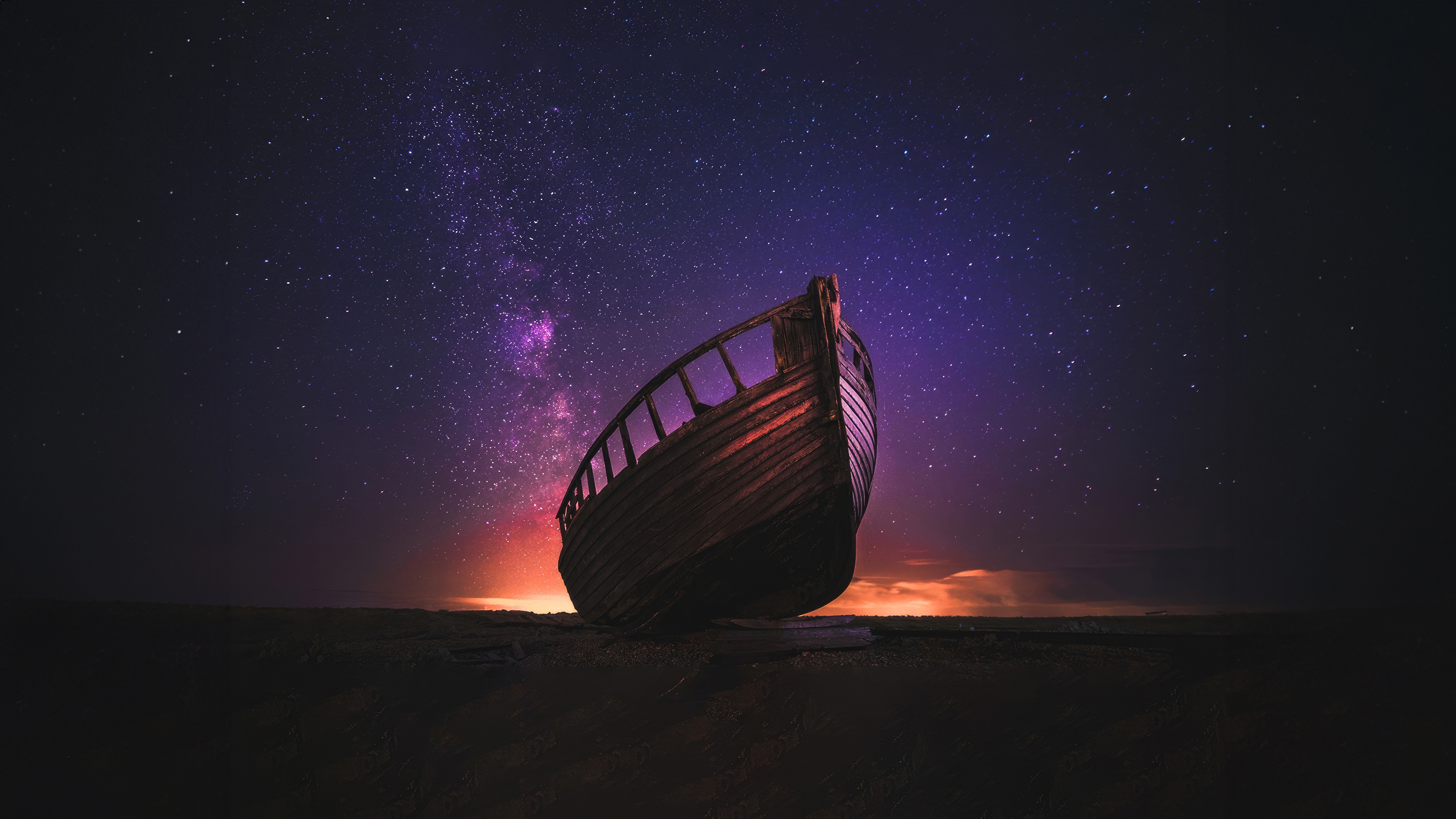 Wooden boat under a starry galaxy sky HD Wallpaper