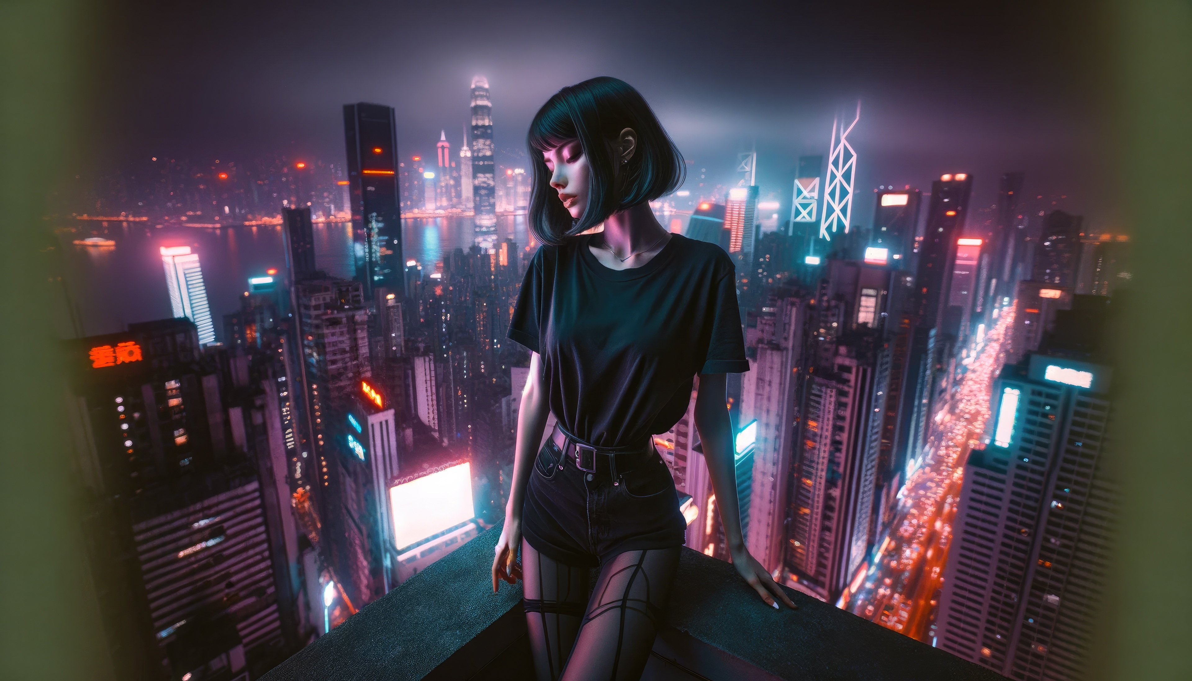Asian girl with short hair on a rooftop overlooking a neon city HD Wallpaper
