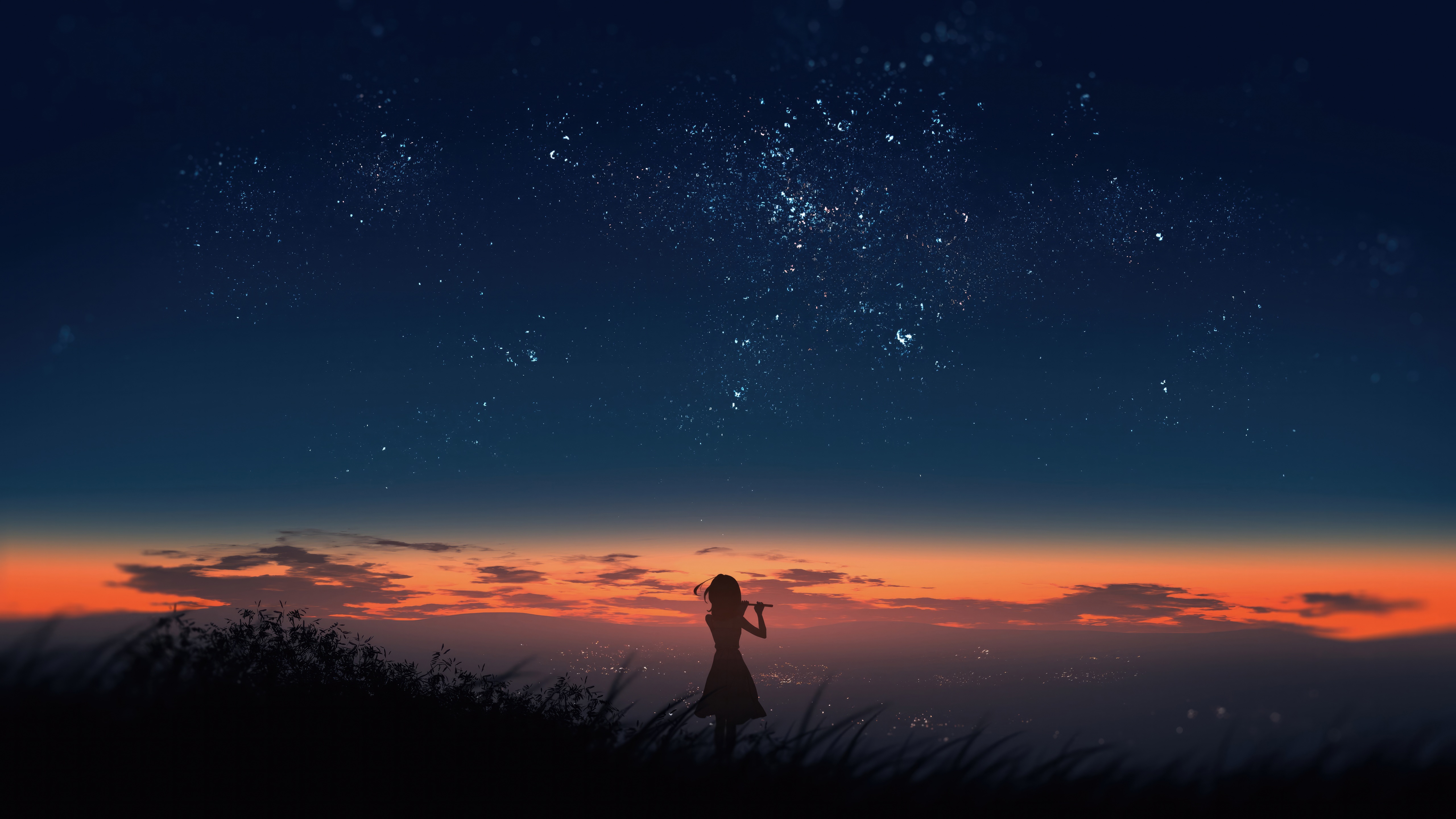 Anime girl playing flute under starry sky at sunset HD Wallpaper