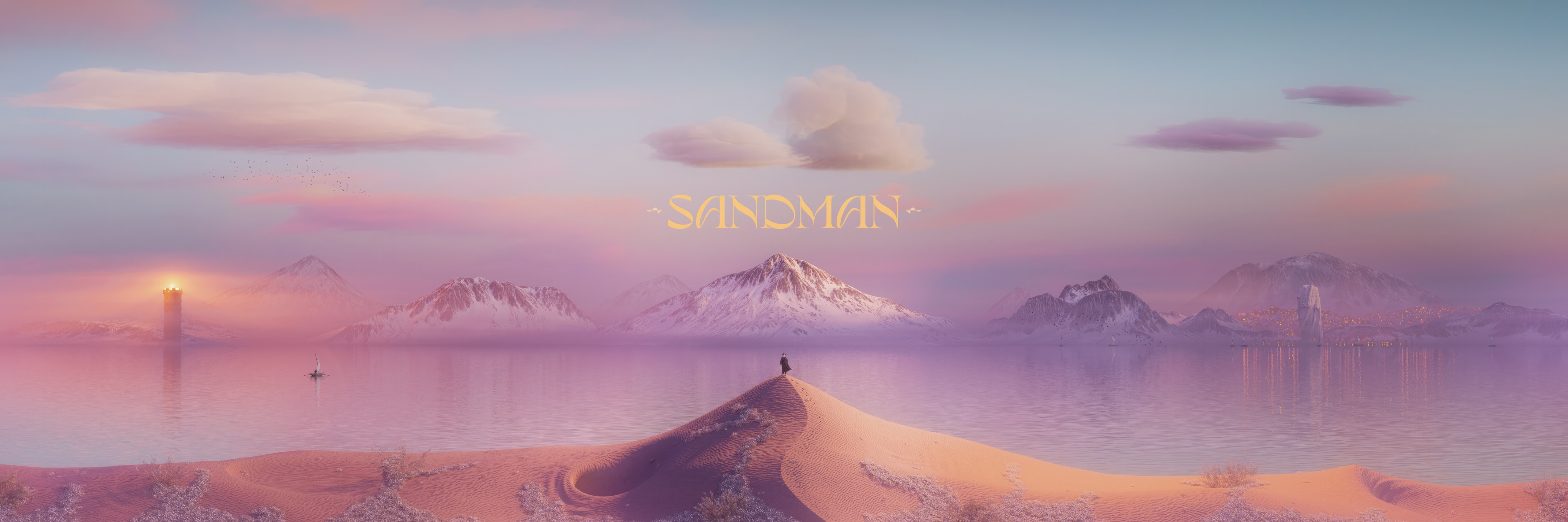 Sandman title card over a dreamlike landscape HD Wallpaper
