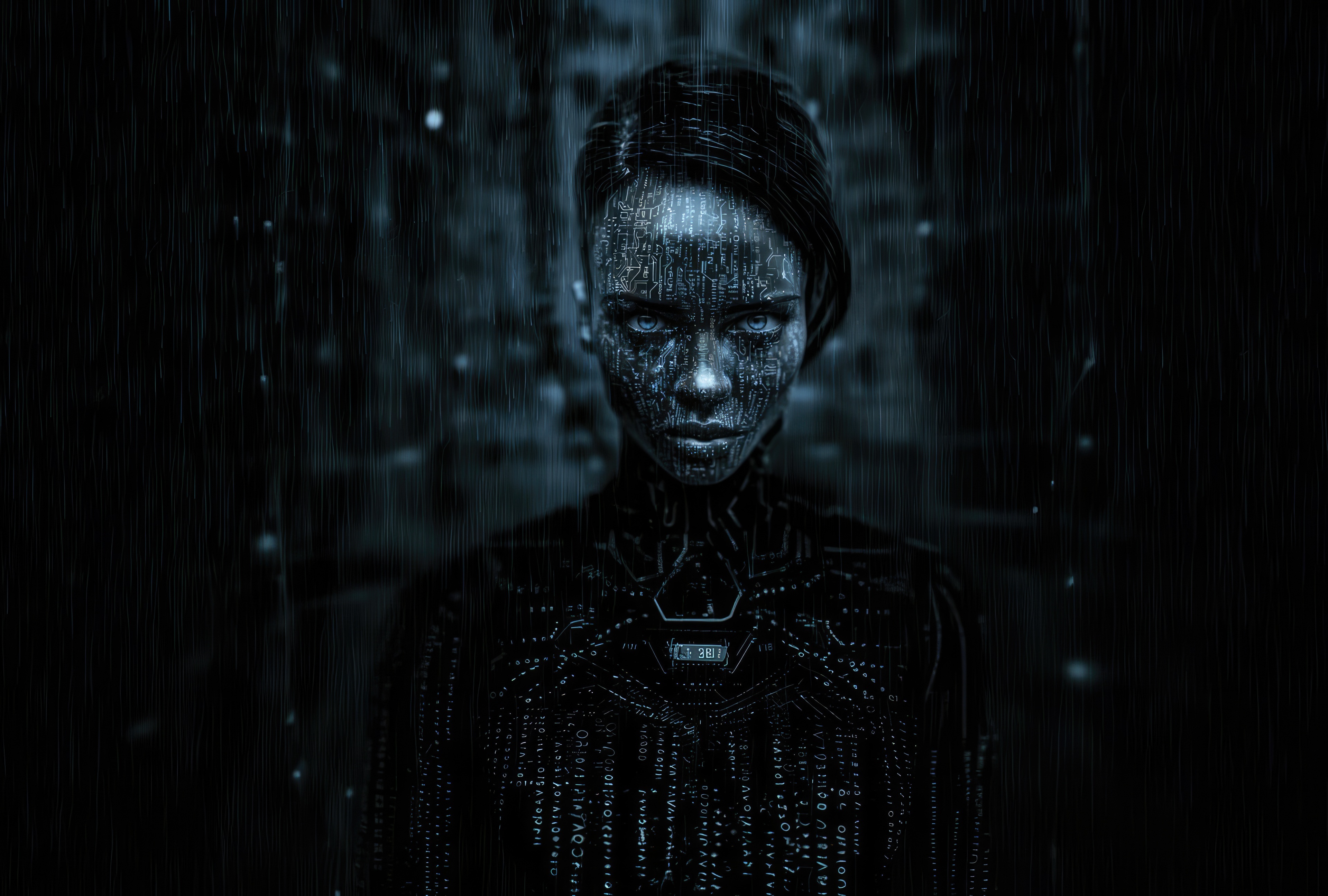 Coded AI Girl in the Rain HD Wallpaper