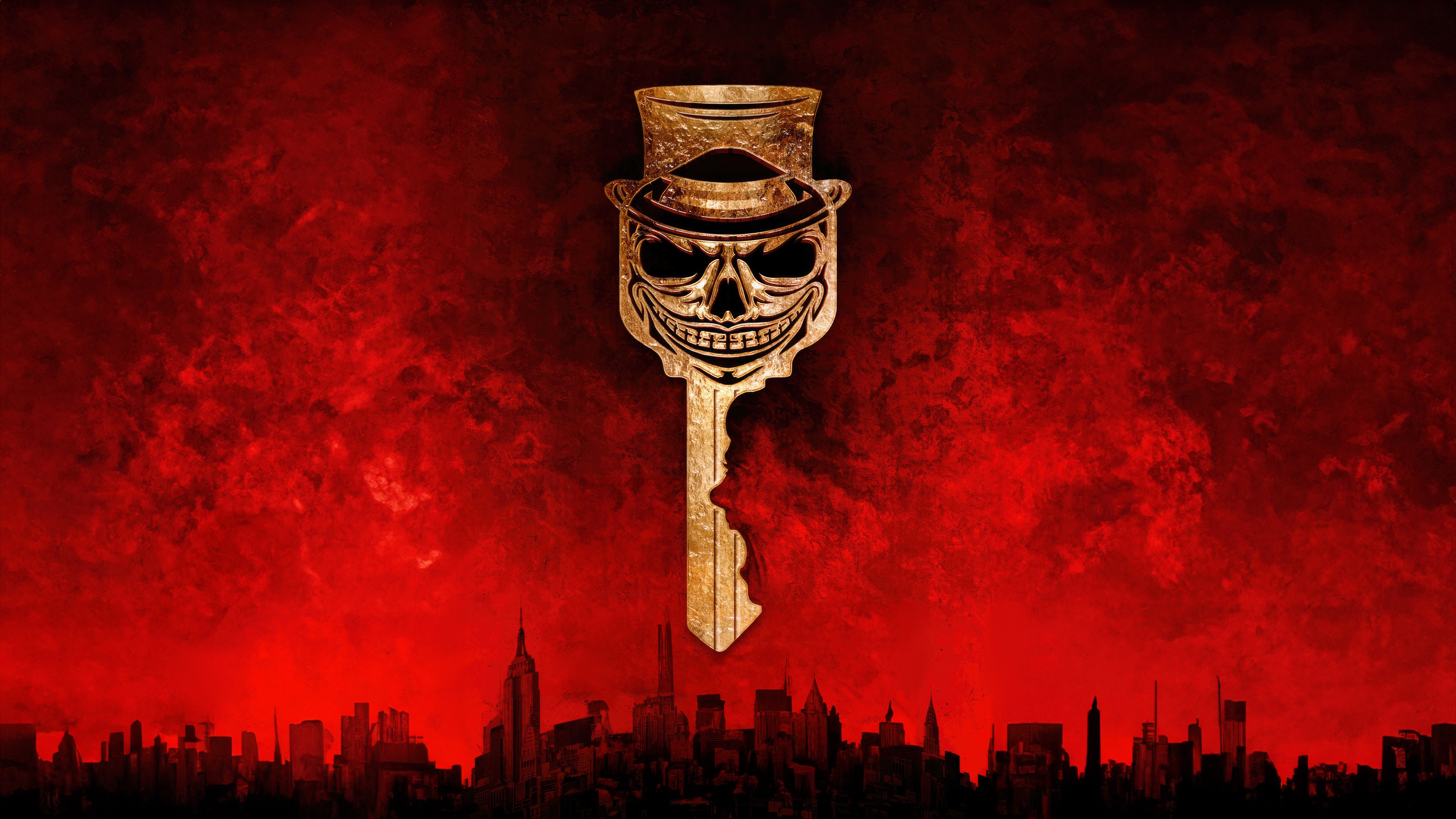 Evil Sublet Key with Skull Face and Cityscape HD Wallpaper