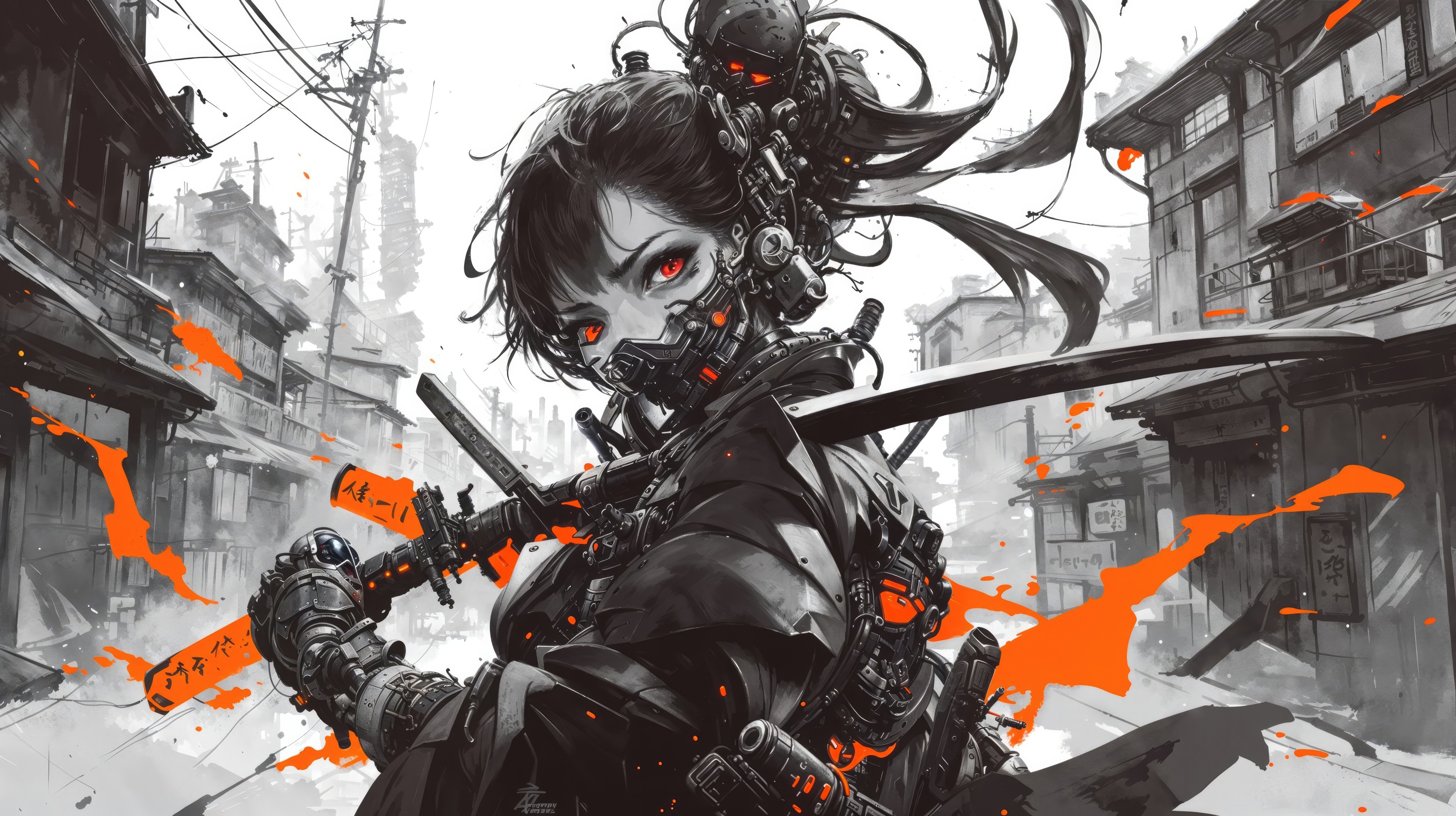 Cyberpunk warrior girl with katana in a city HD Wallpaper