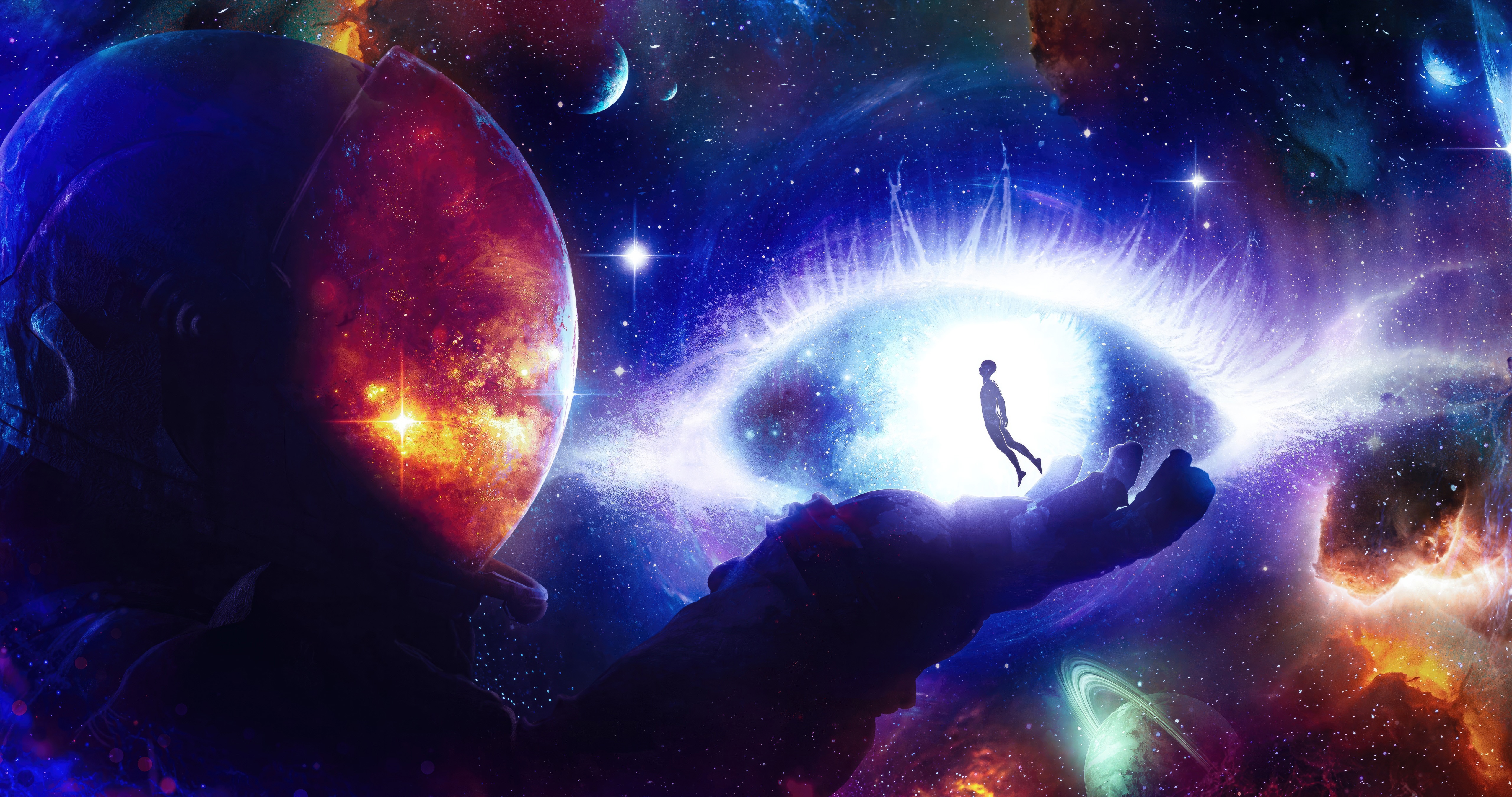Astronaut holding a person in space HD Wallpaper