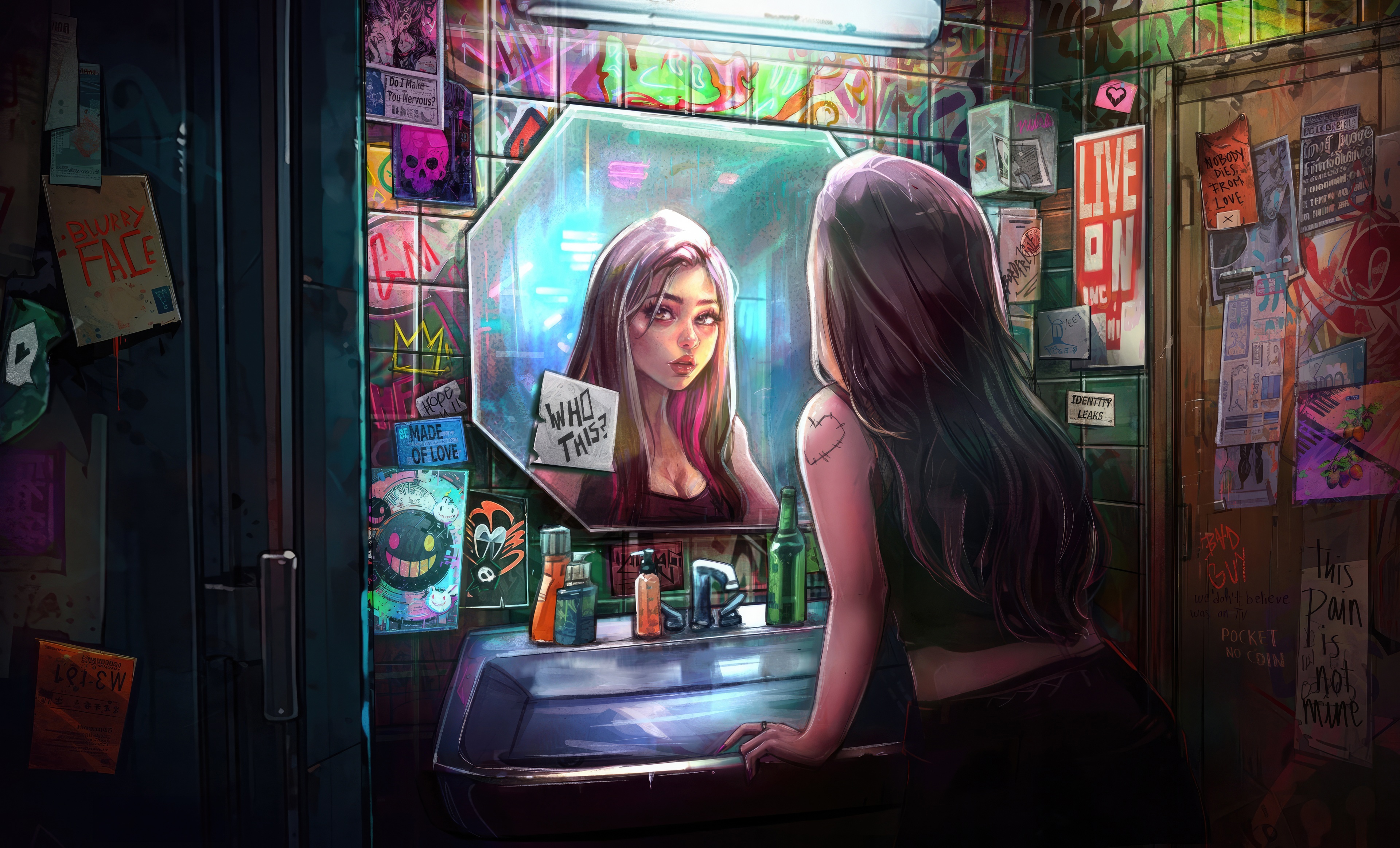 Girl Looking in Mirror in Grungy Bathroom HD Wallpaper