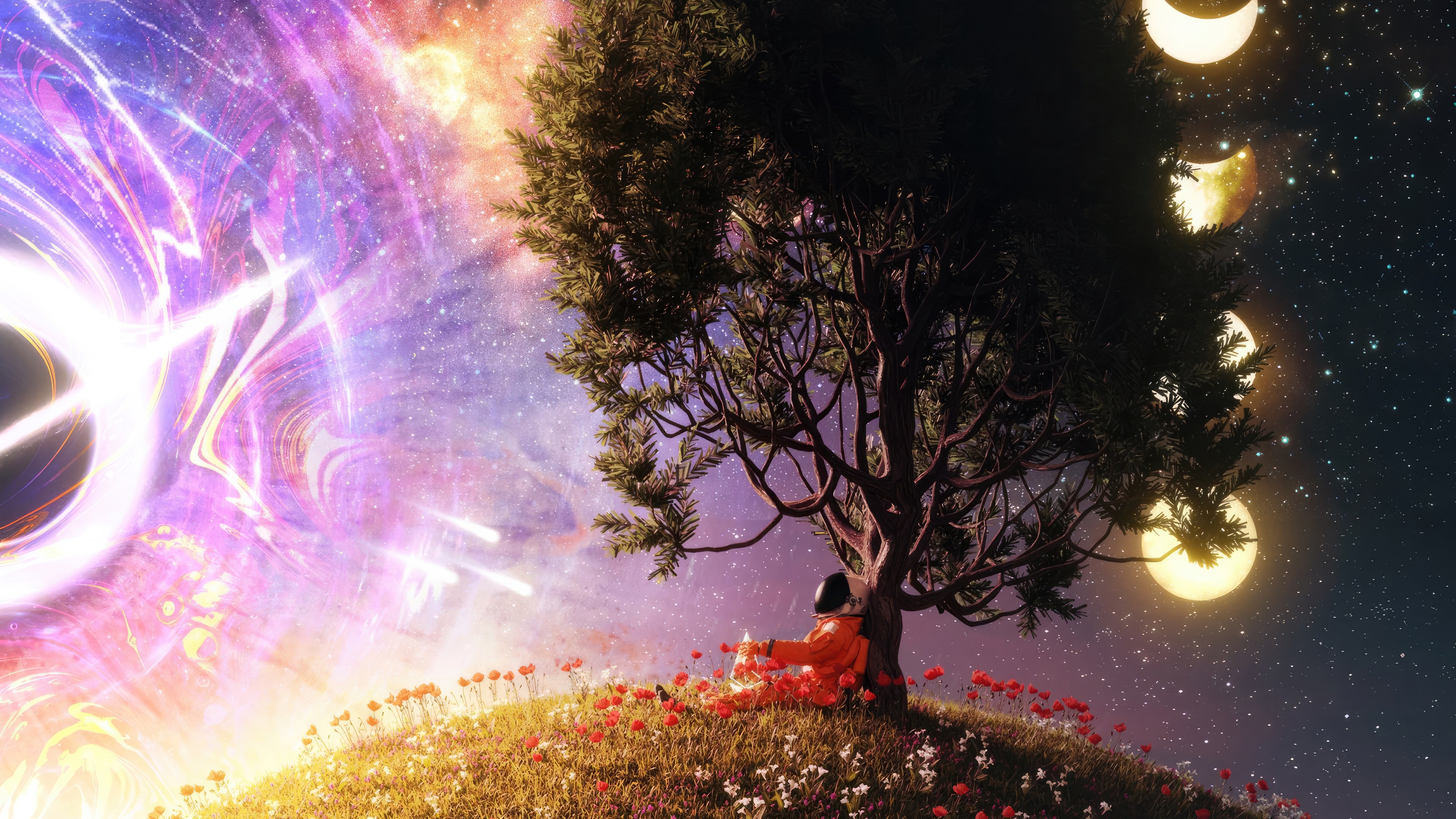 Astronaut sits under a tree with a galaxy and moon phases HD Wallpaper
