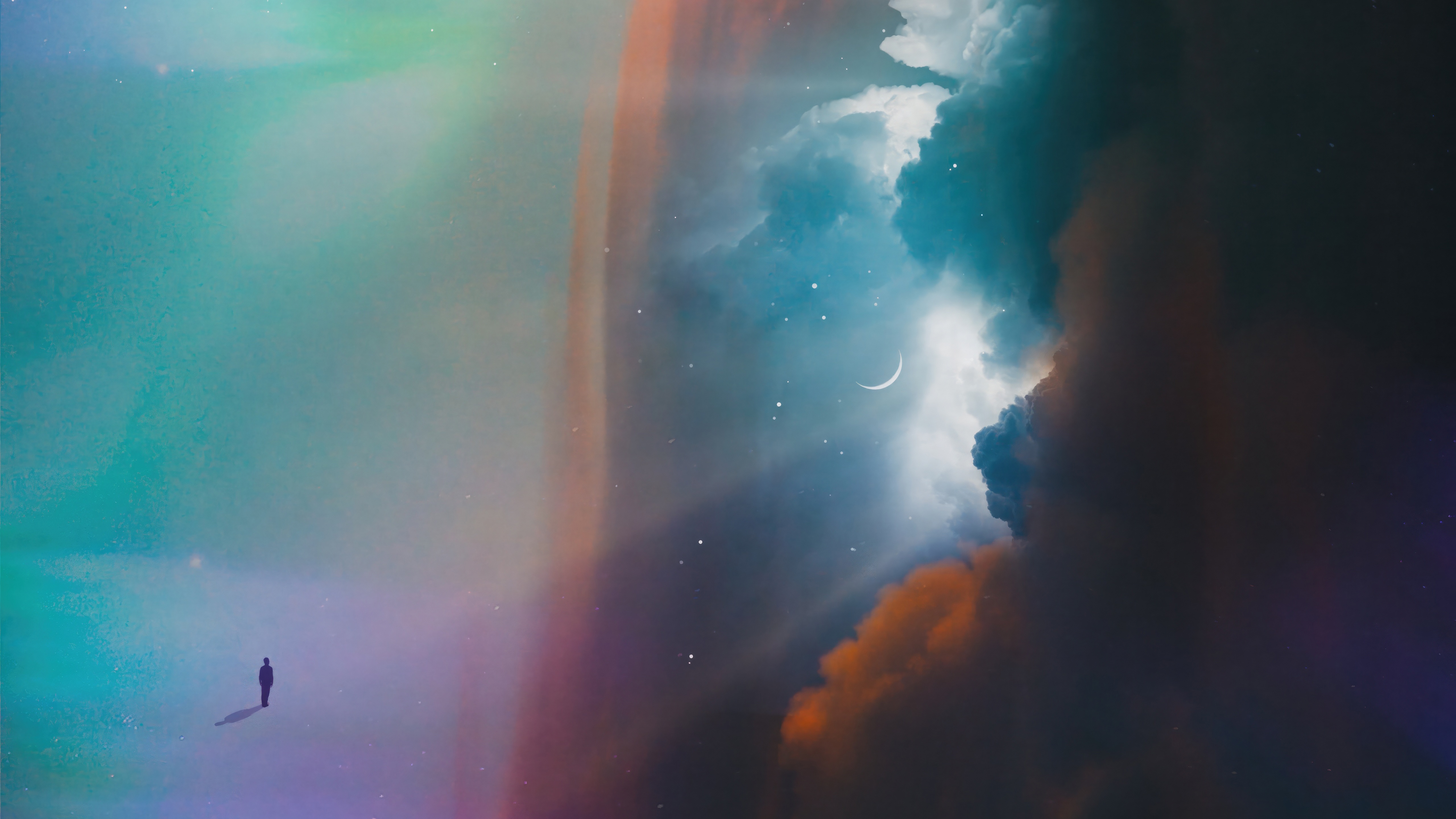Man walking through colorful clouds and starry sky HD Wallpaper