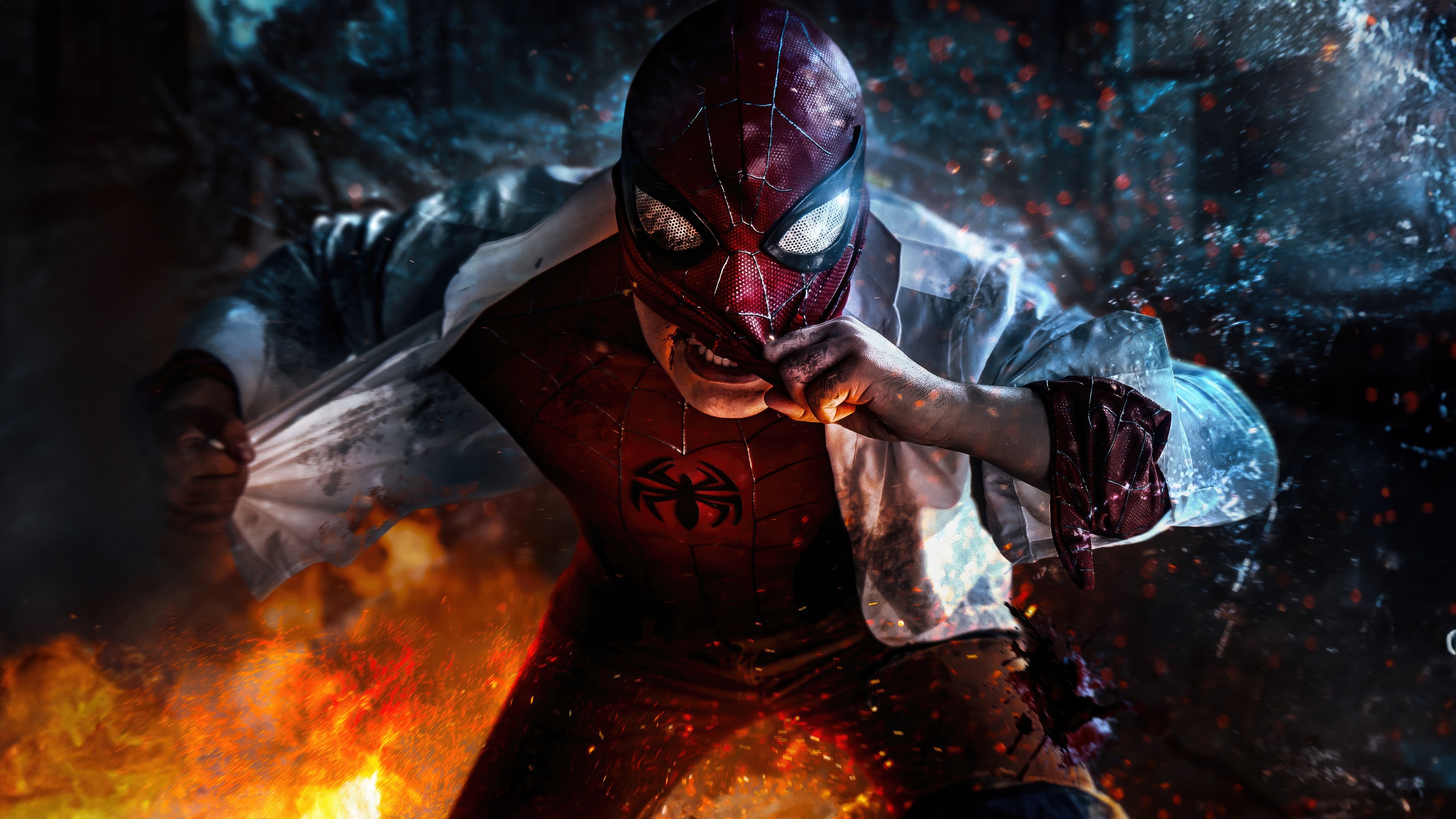 Spider-Man Mask Off in Fiery Fight HD Wallpaper