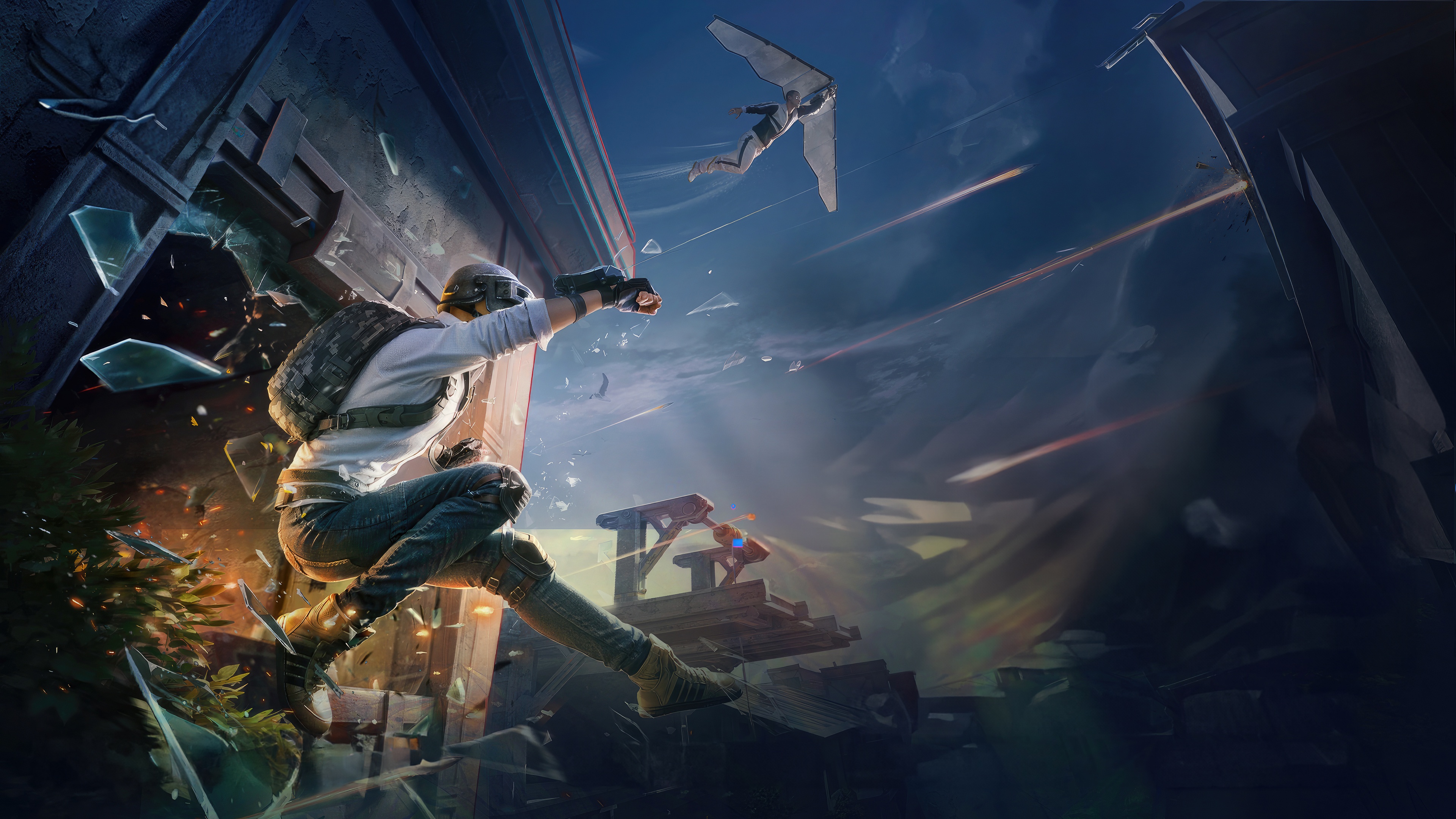 PUBG characters in action with gliders and gunfire HD Wallpaper