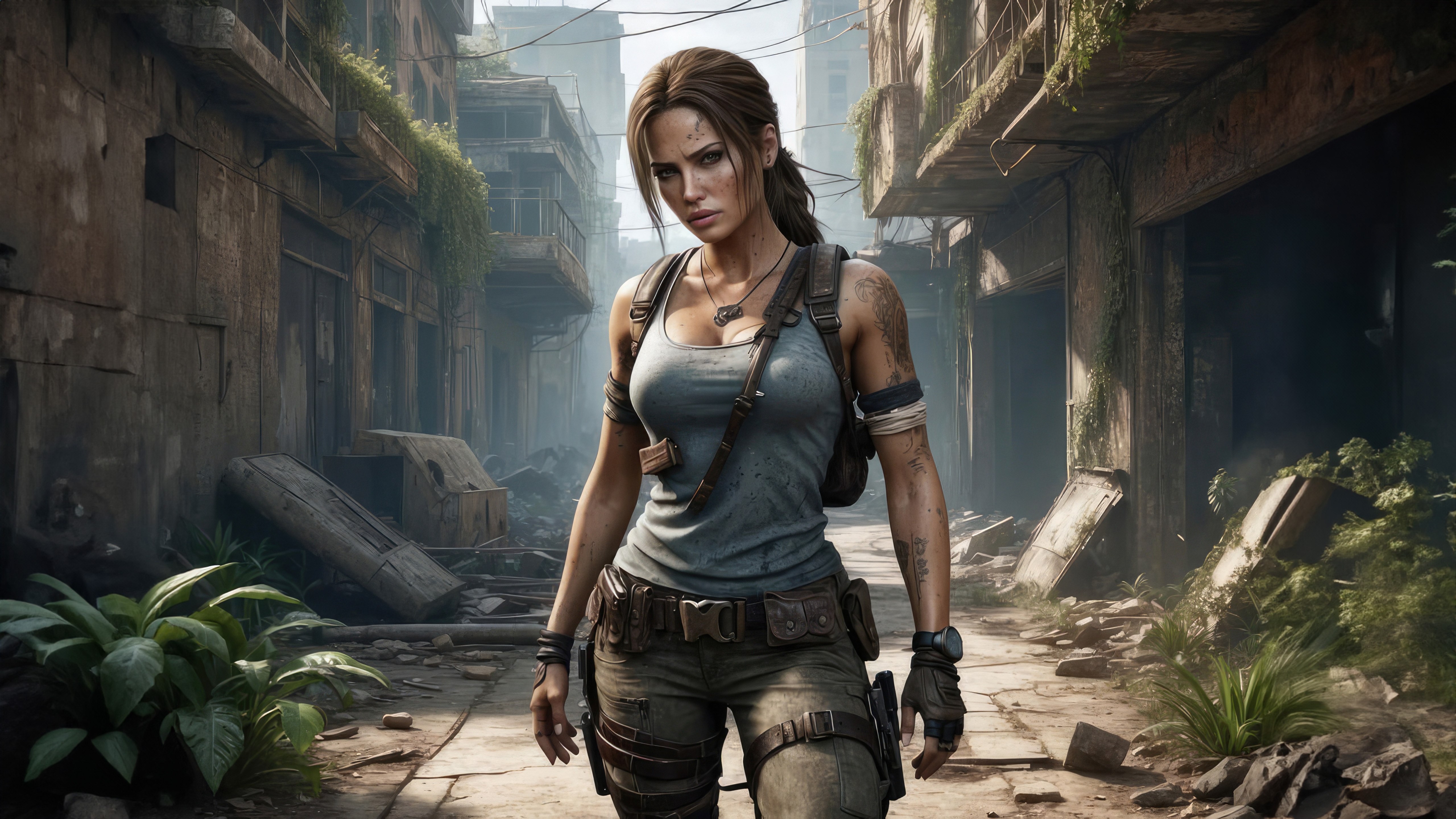 Lara Croft in a post-apocalyptic city street HD Wallpaper