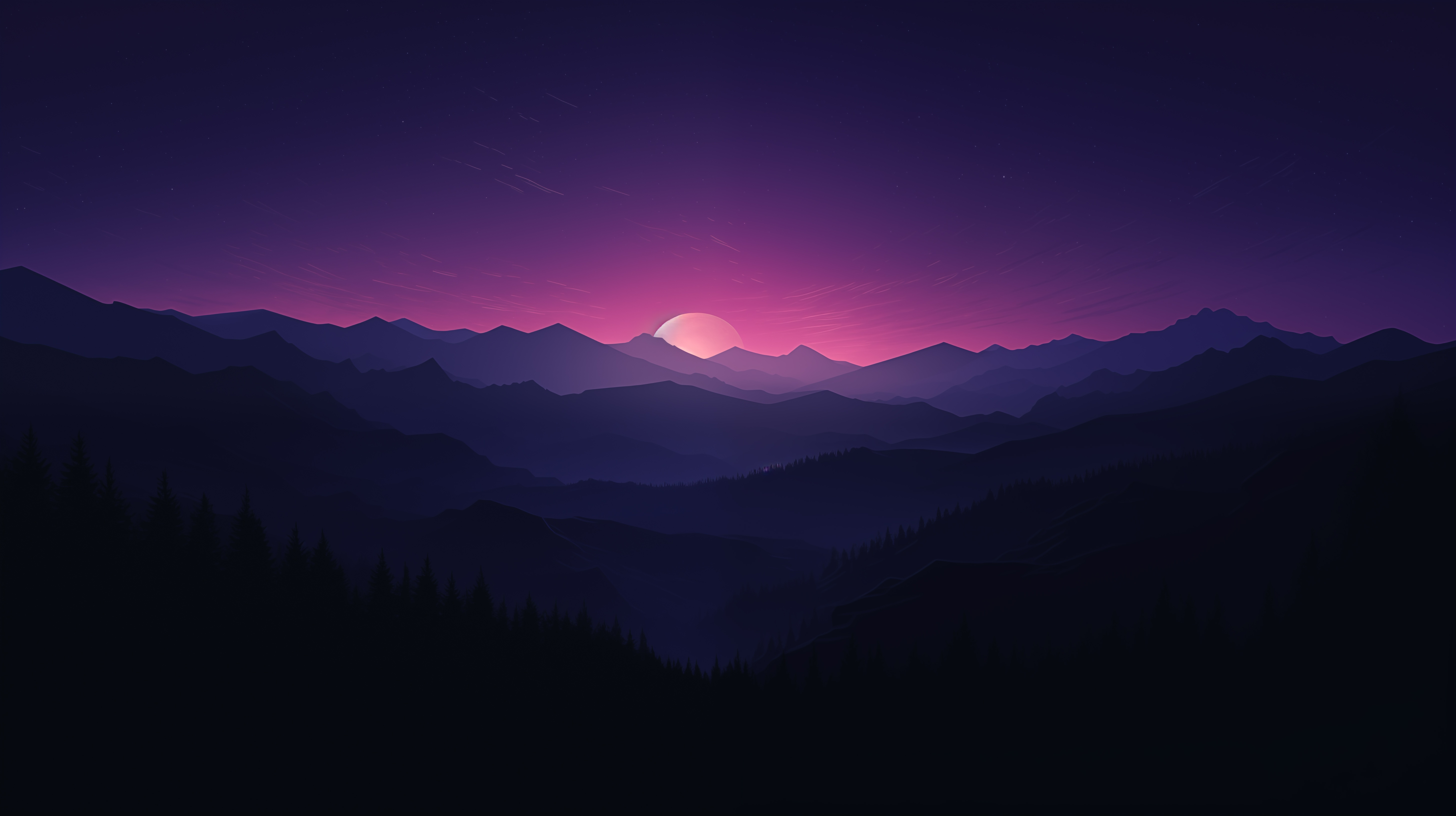 Minimalist mountain range at sunrise with purple sky HD Wallpaper