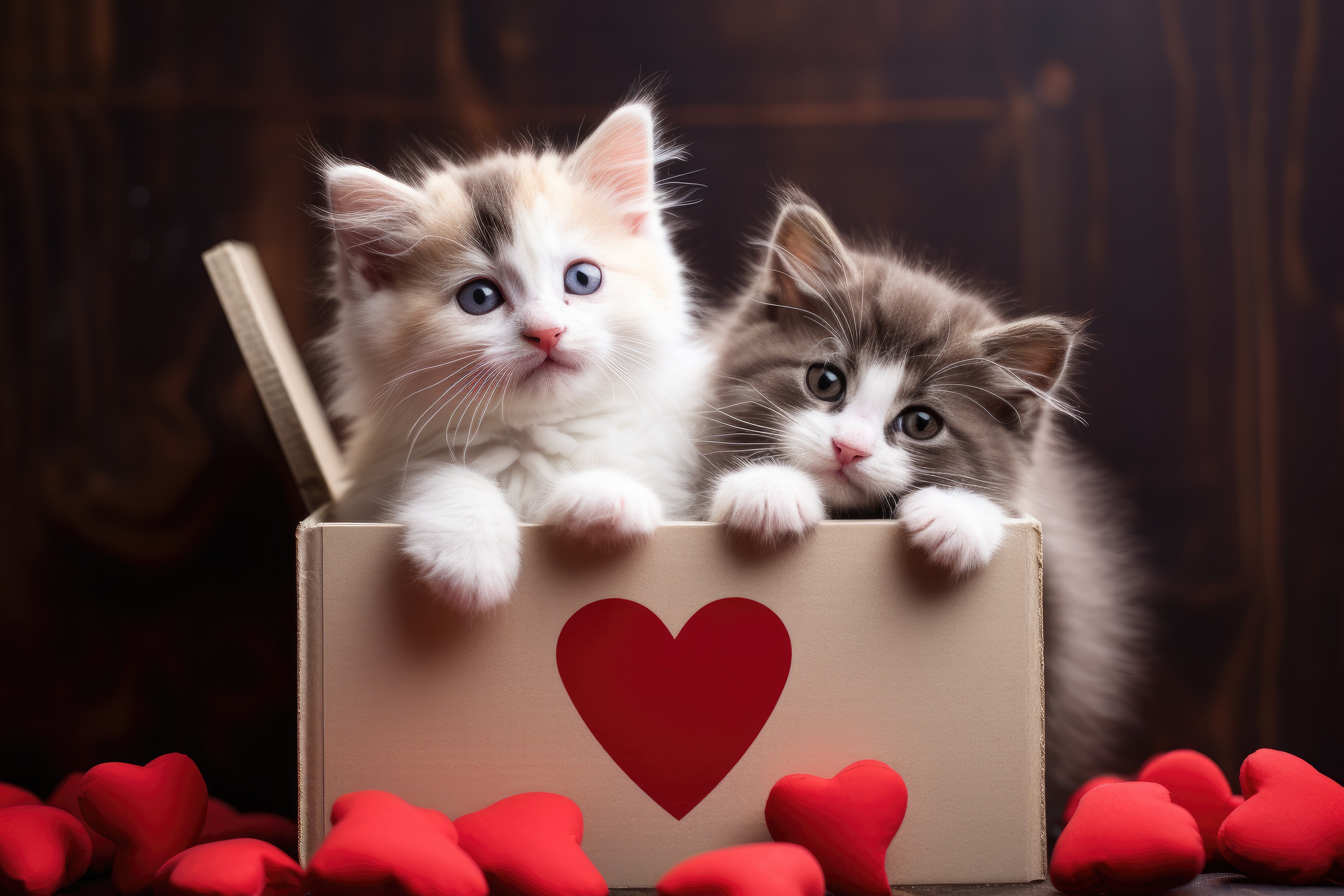 Two cute kittens in a box with hearts HD Wallpaper