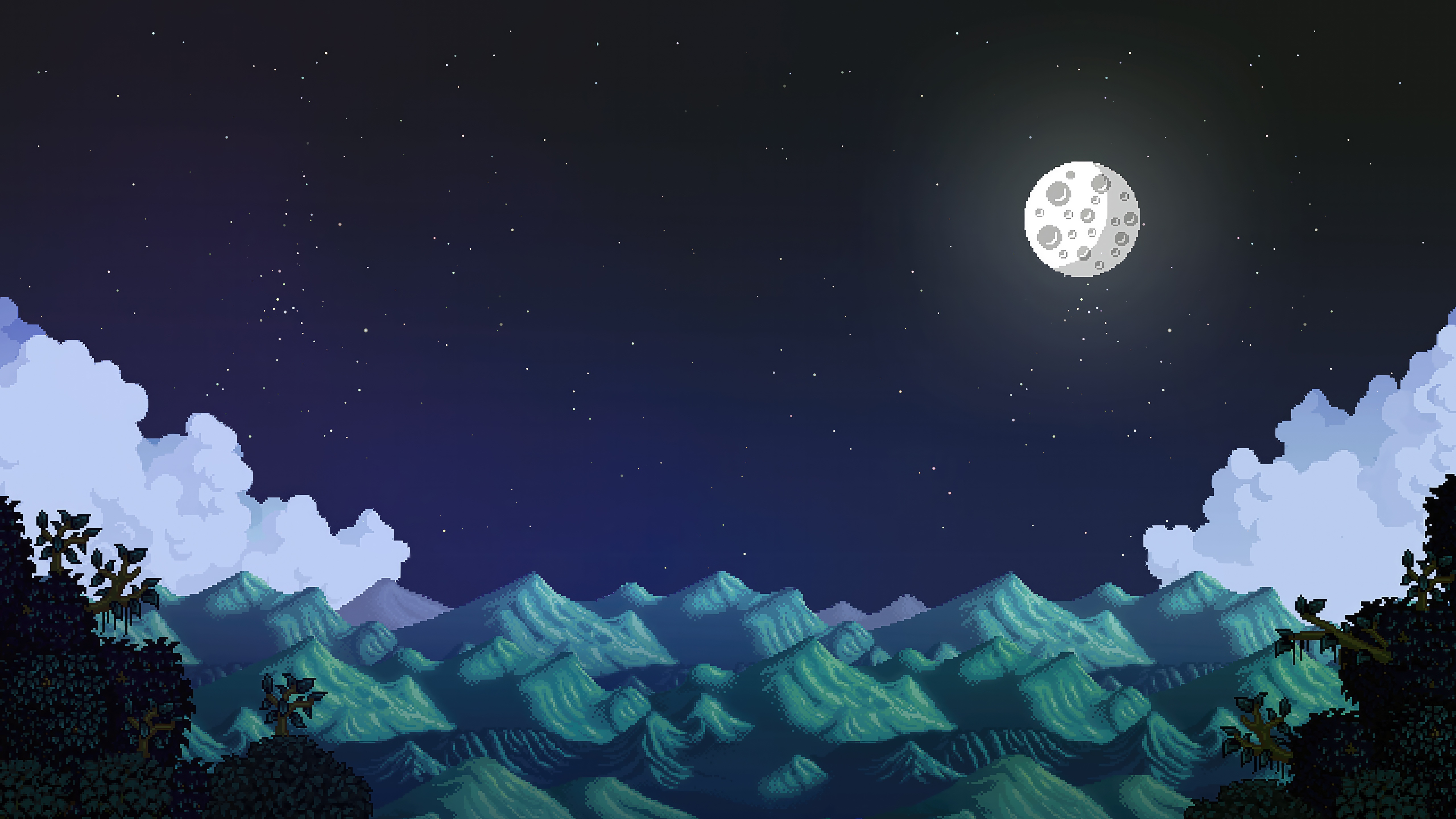 Pixel art valley under a starry night sky with moon HD Wallpaper