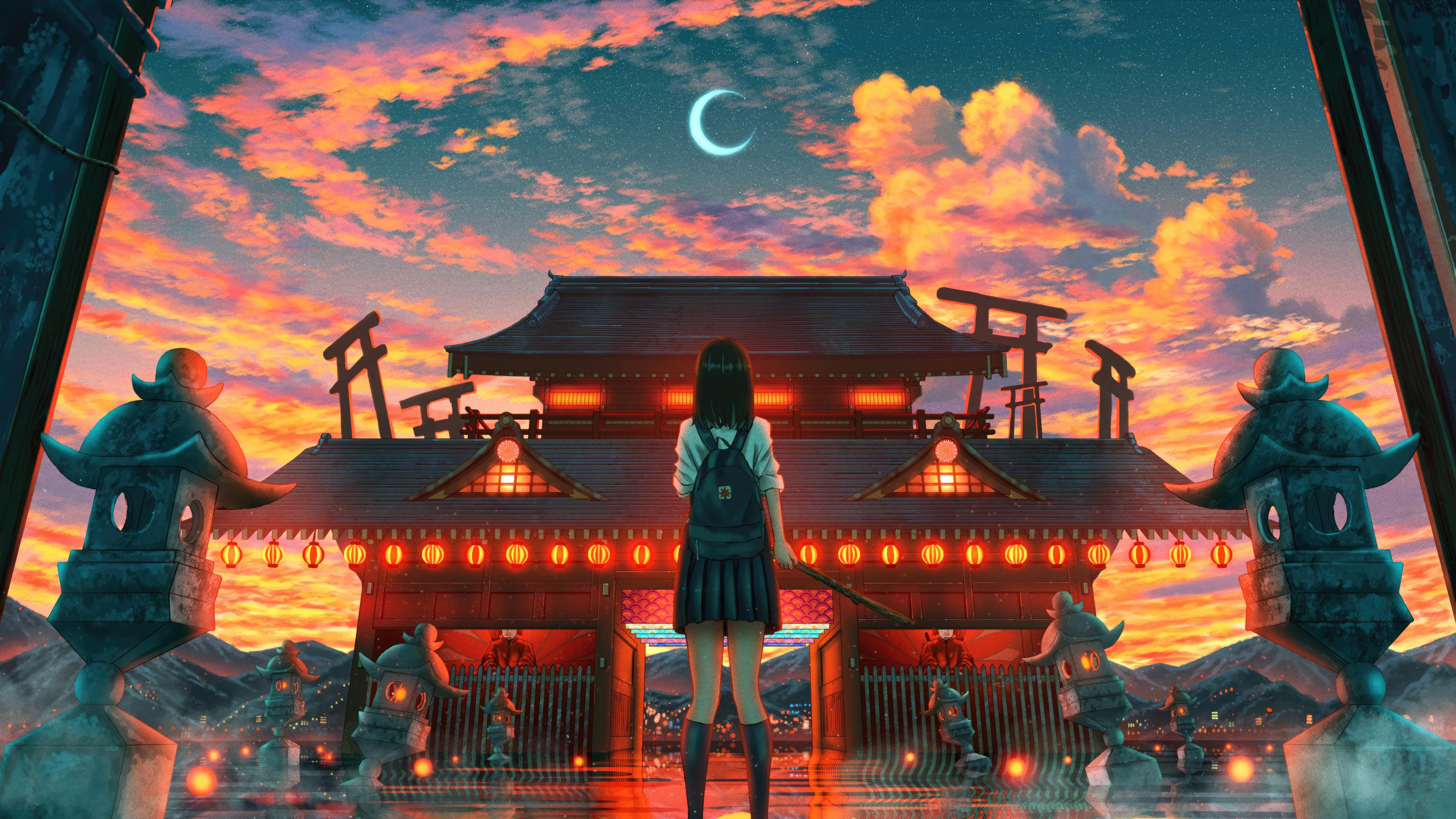 Anime girl in front of a Japanese temple at sunset HD Wallpaper