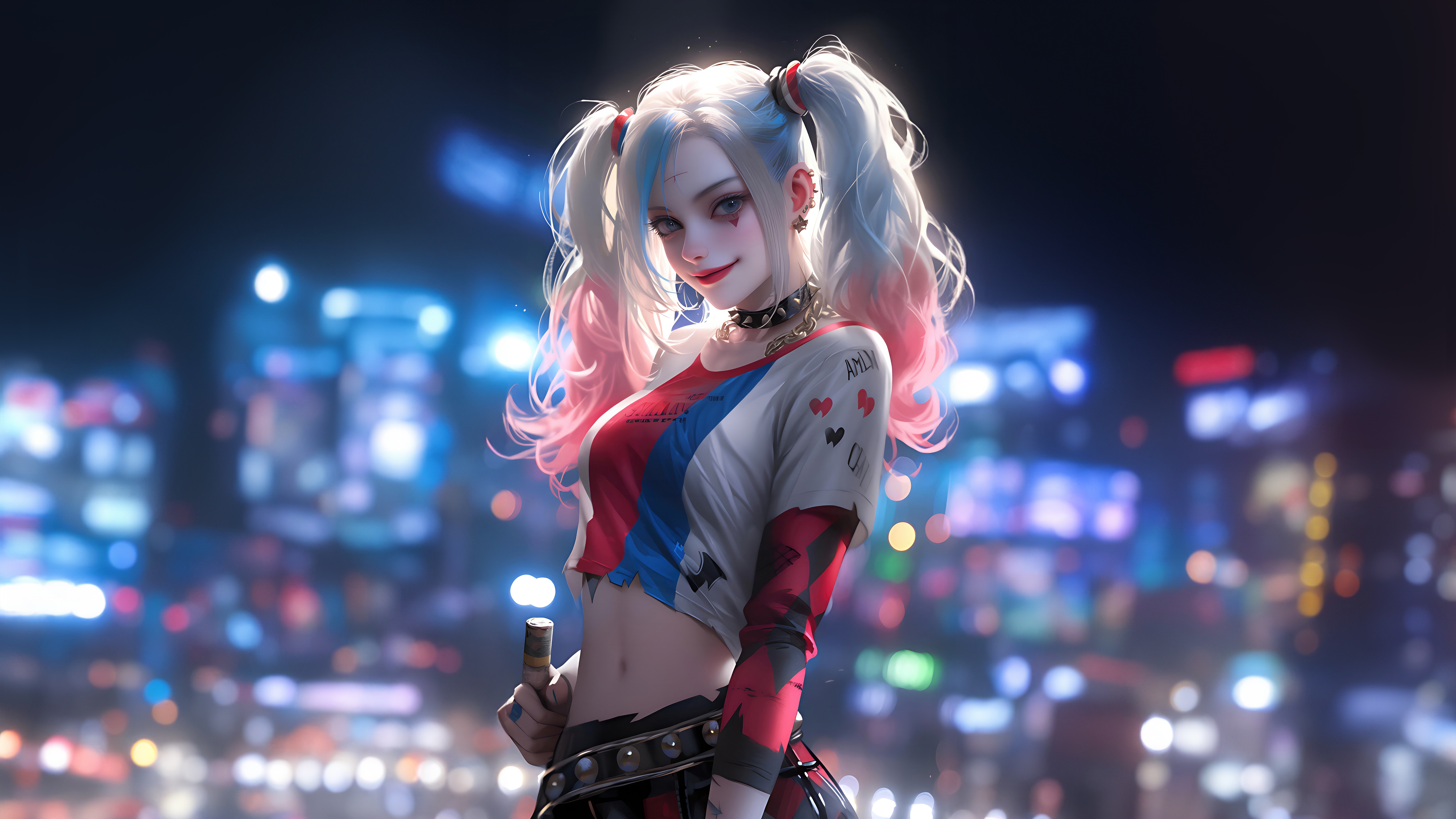 Harley Quinn with a mischievous smile in a city at night HD Wallpaper