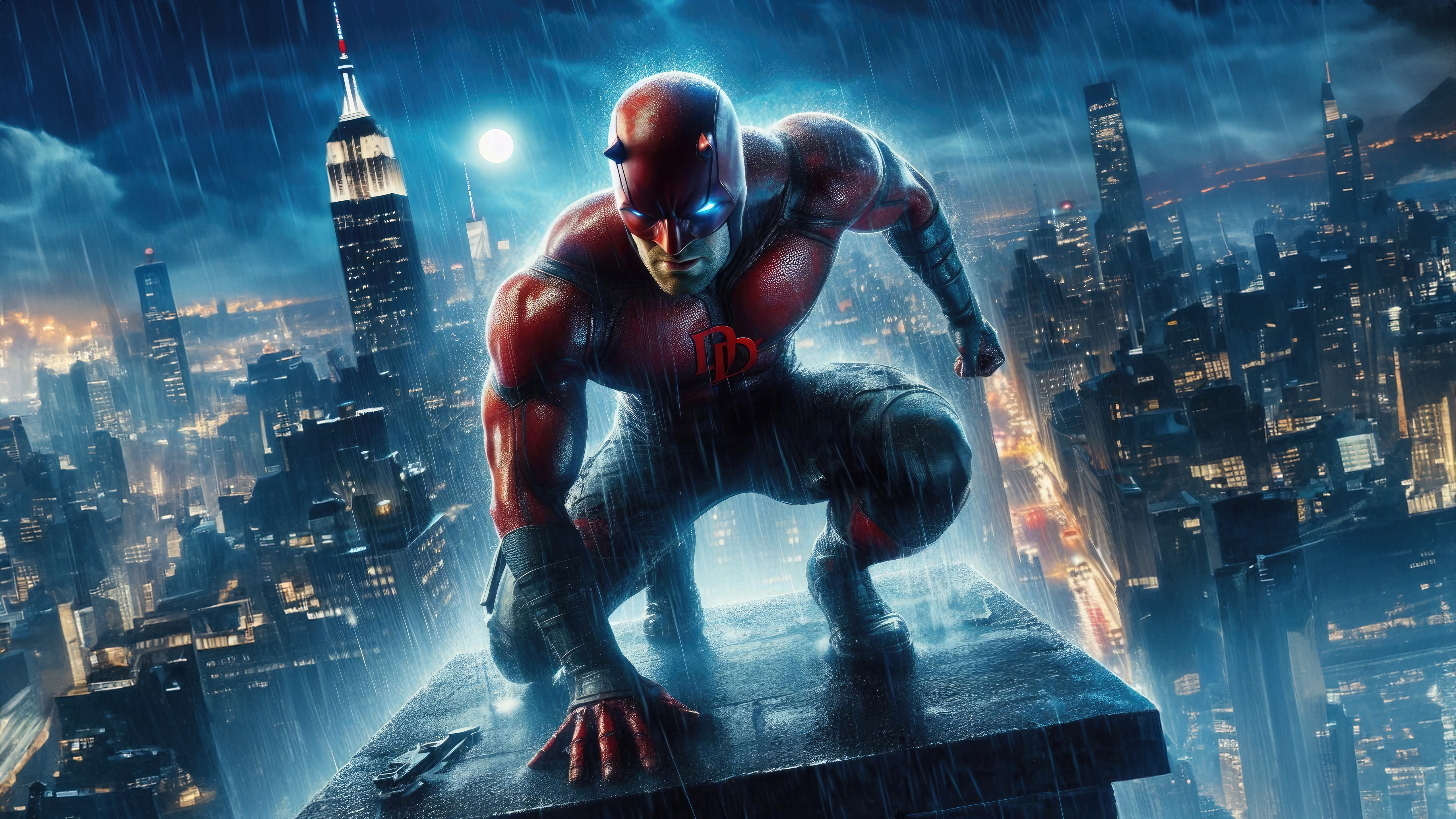 Daredevil Crouching on a Rooftop in the Rain HD Wallpaper